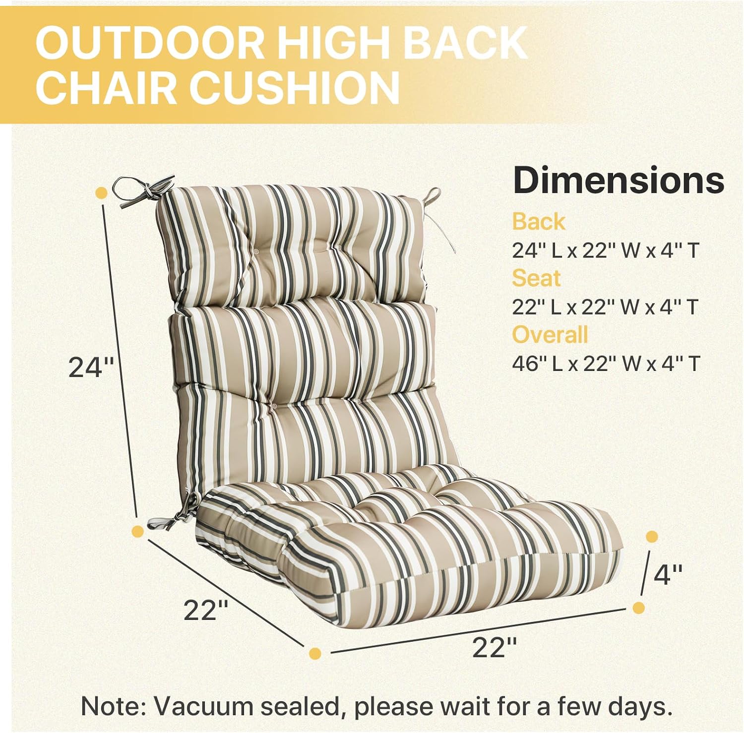 COOS BAY Outdoor Chair Cushions High Back 46x22 Inch, Tufted Patio Seat Cushions with Ties, Water-Resistant Replacement Pads, 2 Pack, Beige Stripes