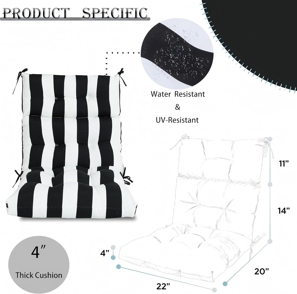 Only choice High Back Adirondack Chair Cushion Set of 2-44'x 22'x 4' Waterproof, Fade-Resistant Outdoor Rocking Chair Cushions for Patio, Garden, Porch (2, Black White Stripes)