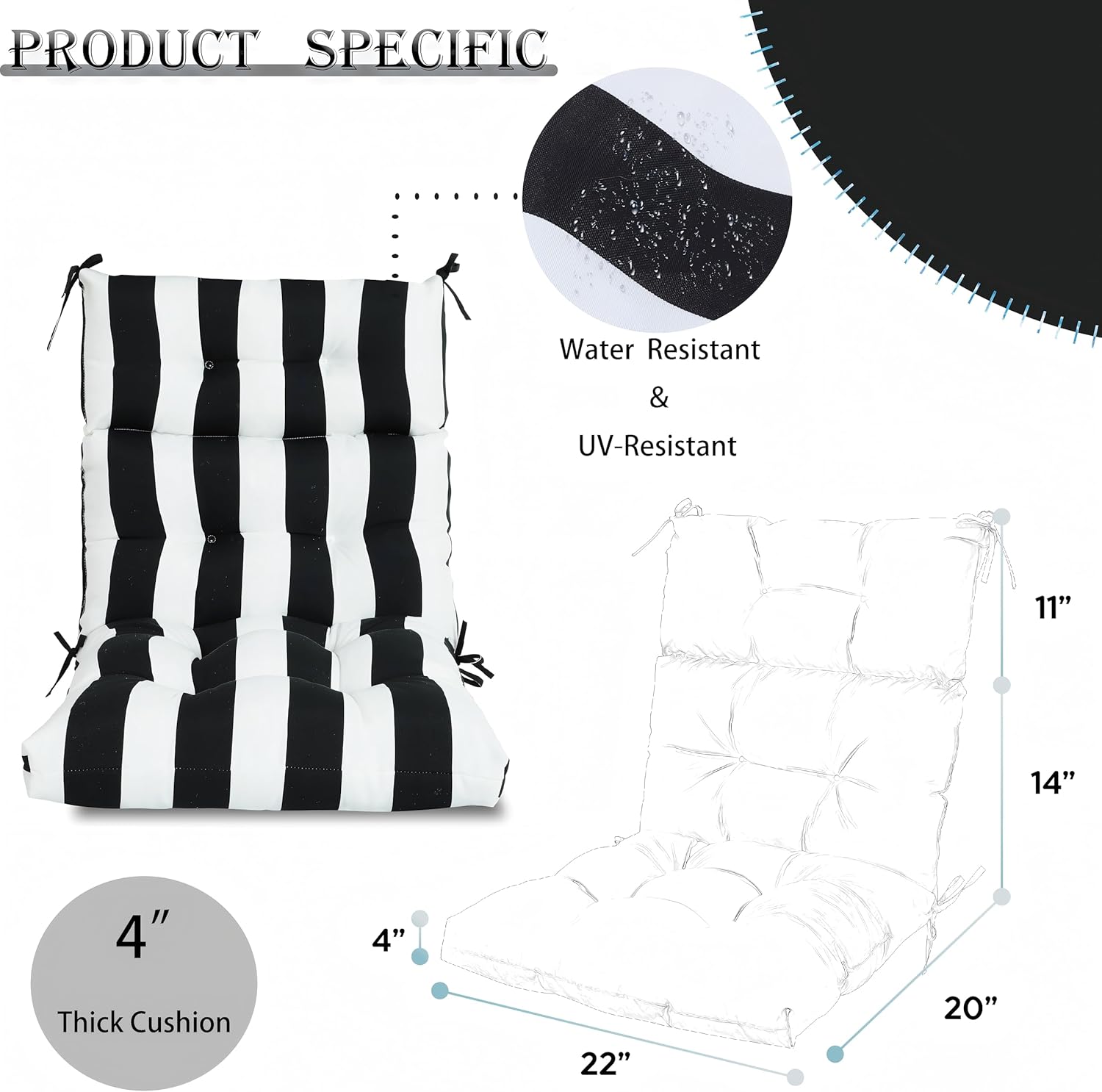 Only choice High Back Adirondack Chair Cushion Set of 2-44'x 22'x 4' Waterproof, Fade-Resistant Outdoor Rocking Chair Cushions for Patio, Garden, Porch (2, Black White Stripes)