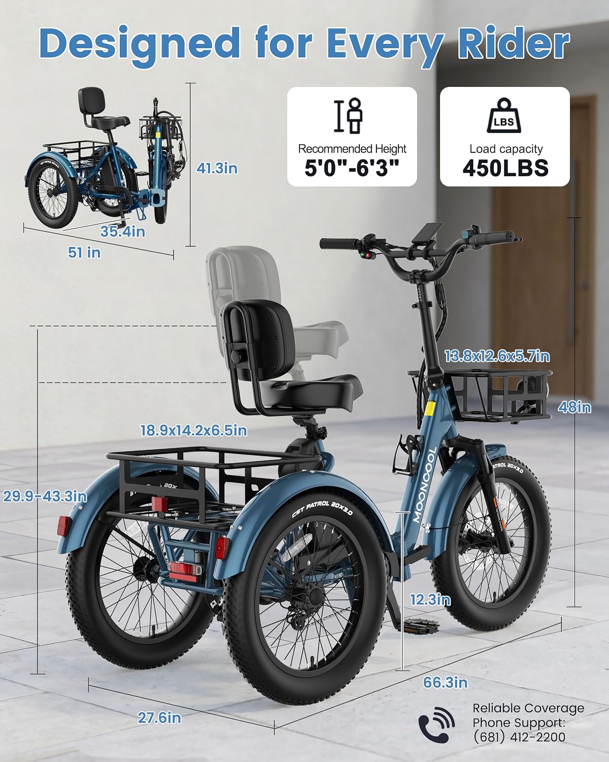 MOONCOOL Electric Trike for Adults, 500W/750W 48V Electric Tricycle for Adults, 20'x3.0' Fat Tire 3 Wheel Electric Bike, Folding Aluminum Adult Tricycle with Removable Battery