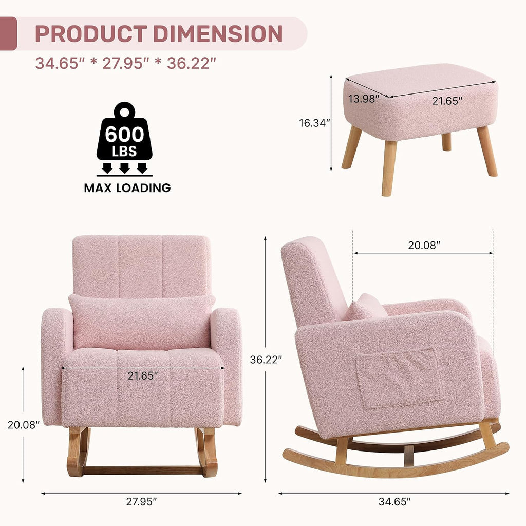 HCHAIRH Rocking Chair with Ottoman, Upholstered Glider Rocker Armchair with High Backrest and Side Pocket, Comfy Reading Chair with Solid Wood Legs for Nursery, Living Room,Bedroom, Pink