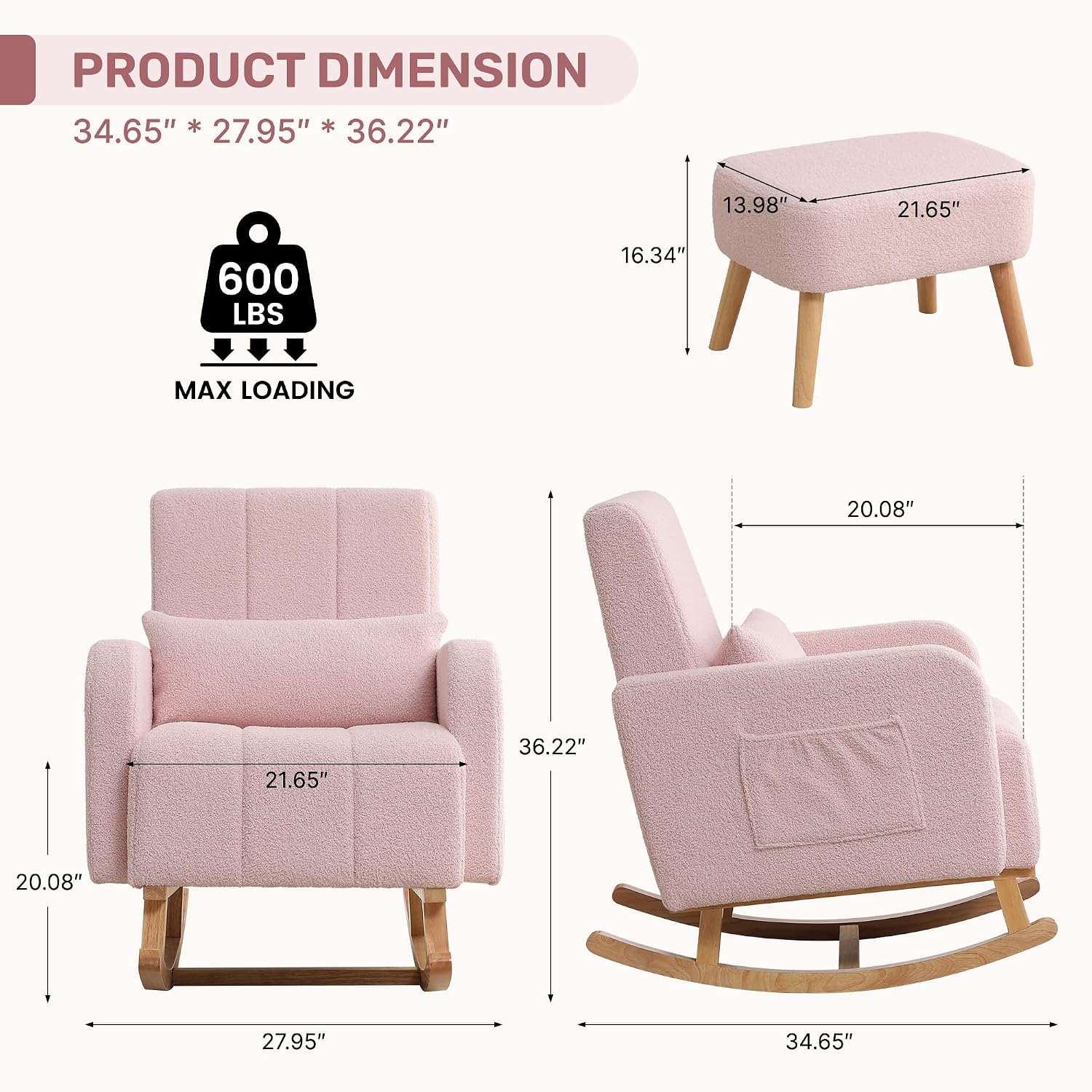 HCHAIRH Rocking Chair with Ottoman, Upholstered Glider Rocker Armchair with High Backrest and Side Pocket, Comfy Reading Chair with Solid Wood Legs for Nursery, Living Room,Bedroom, Pink