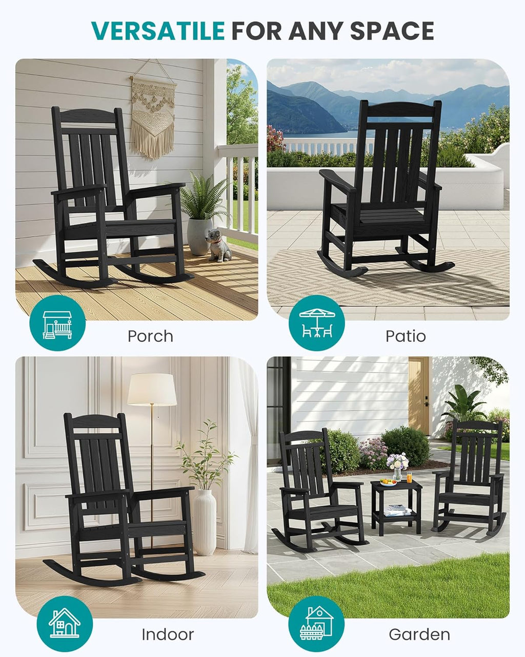 SERWALL Oversized HDPE Outdoor Rocking Chair Set of 6, Patio Rocking Chairs, All-Weather Porch Rockers for Adults, Black