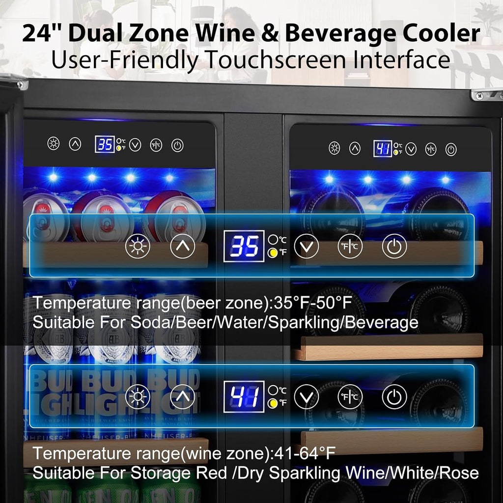 24' Dual Zone Wine & Beverage Refrigerator – Under Counter Cooler with Upgraded Cooling & Blue LED Light, Hold 20 Bottles and 88 Cans Large Capacity Wine Fridge, Built-In or Freestanding – Black