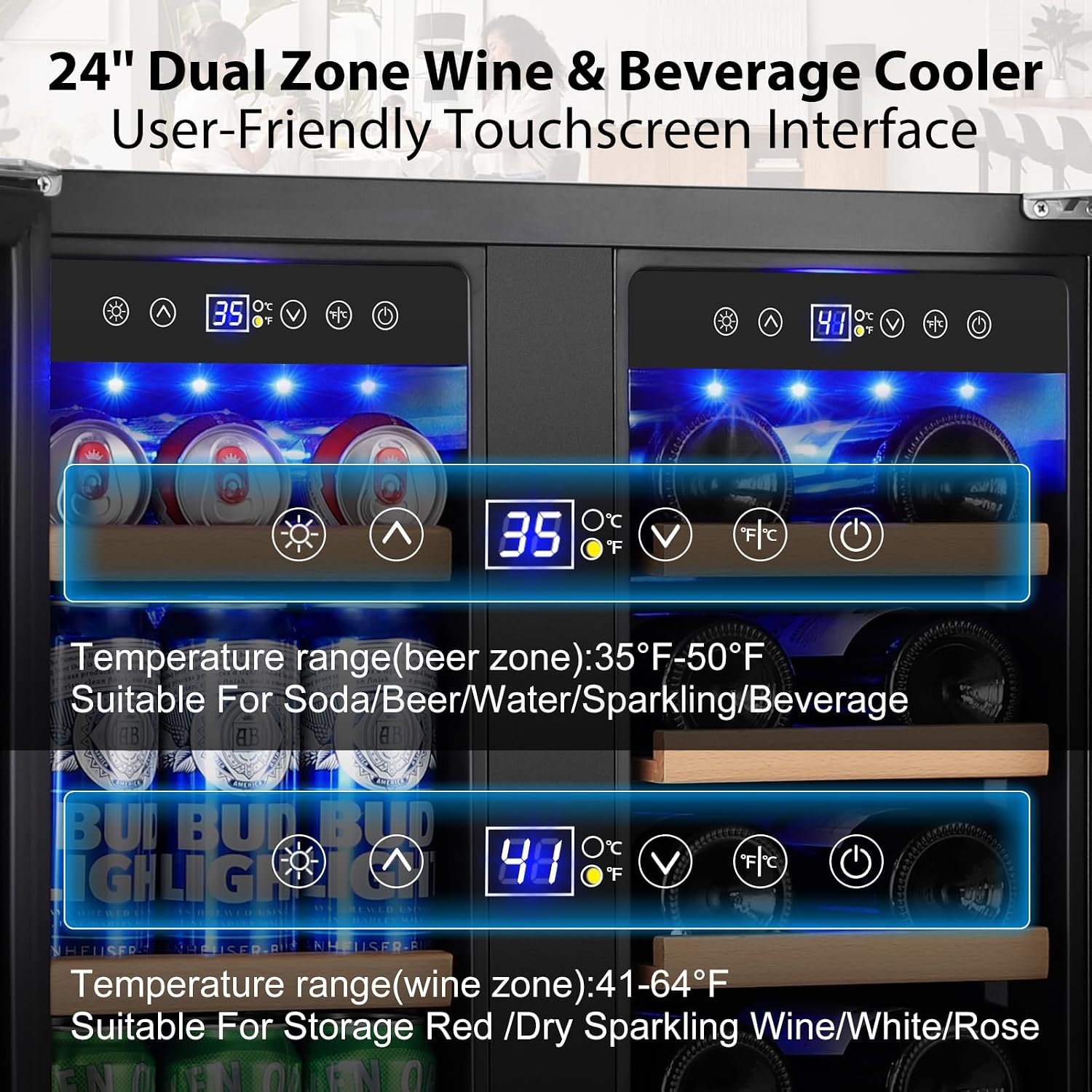 24' Dual Zone Wine & Beverage Refrigerator – Under Counter Cooler with Upgraded Cooling & Blue LED Light, Hold 20 Bottles and 88 Cans Large Capacity Wine Fridge, Built-In or Freestanding – Black