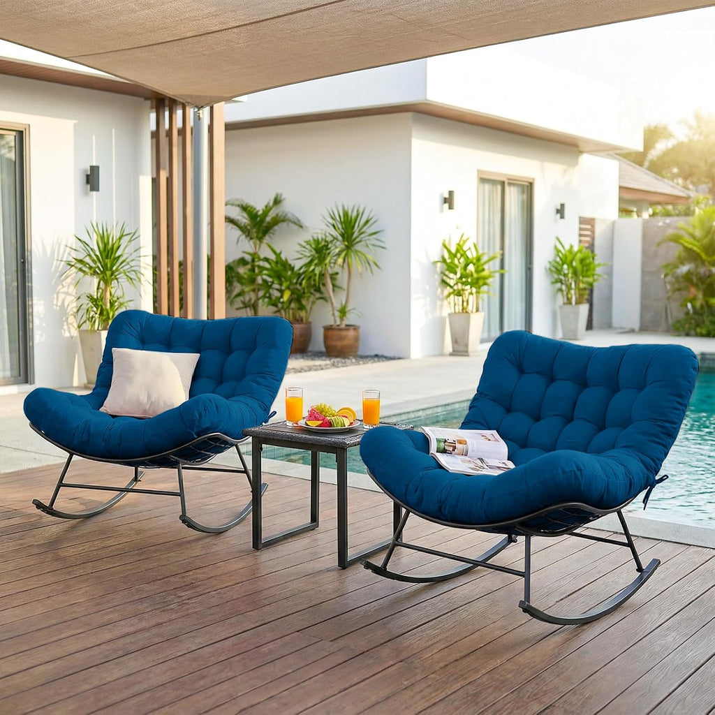 Outdoor Rocking Chairs Set of 2 with Wicker Side Table, Thick Cushioned Papasan Rocking Chairs with End Table, 3PCS Oversized Egg Chair Set for Patio, Porch, Balcony, Bedroom, Living Room, Navy Blue