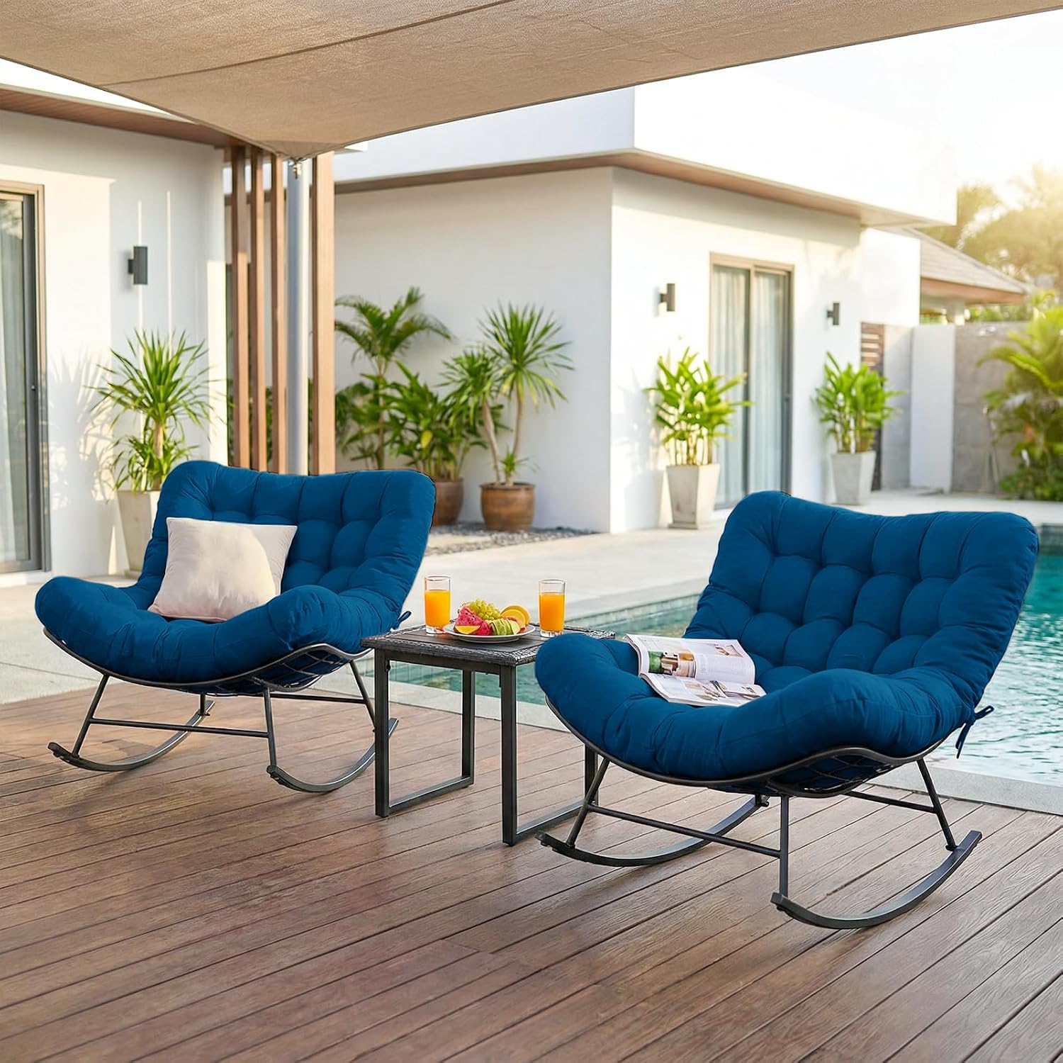 Outdoor Rocking Chairs Set of 2 with Wicker Side Table, Thick Cushioned Papasan Rocking Chairs with End Table, 3PCS Oversized Egg Chair Set for Patio, Porch, Balcony, Bedroom, Living Room, Navy Blue