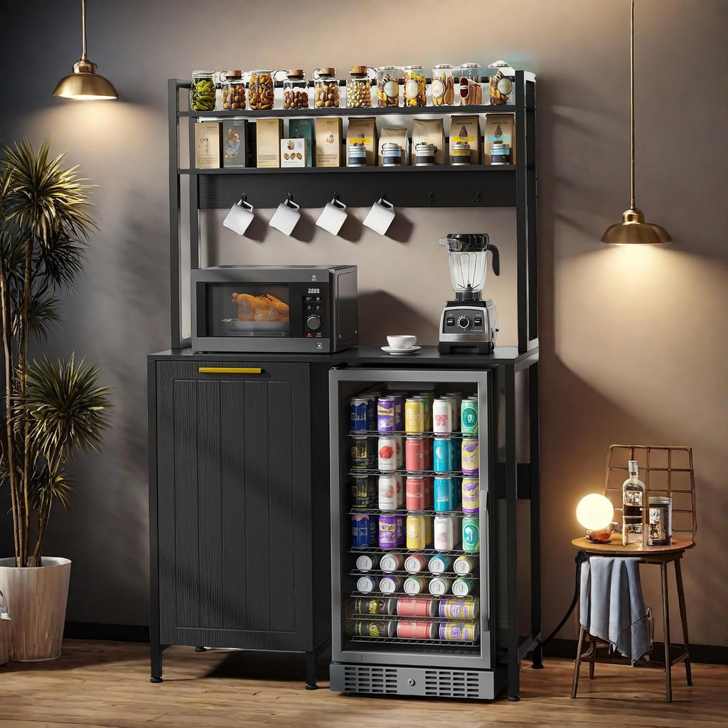 YITAHOME Farmhouse Pantry Cabinet with Built-in Trash Can Bin & Power Outlets, 4-Tier Bakers Rack for Mini Fridge, Microwave, Freestanding Storage Organizer for Kitchen, Black