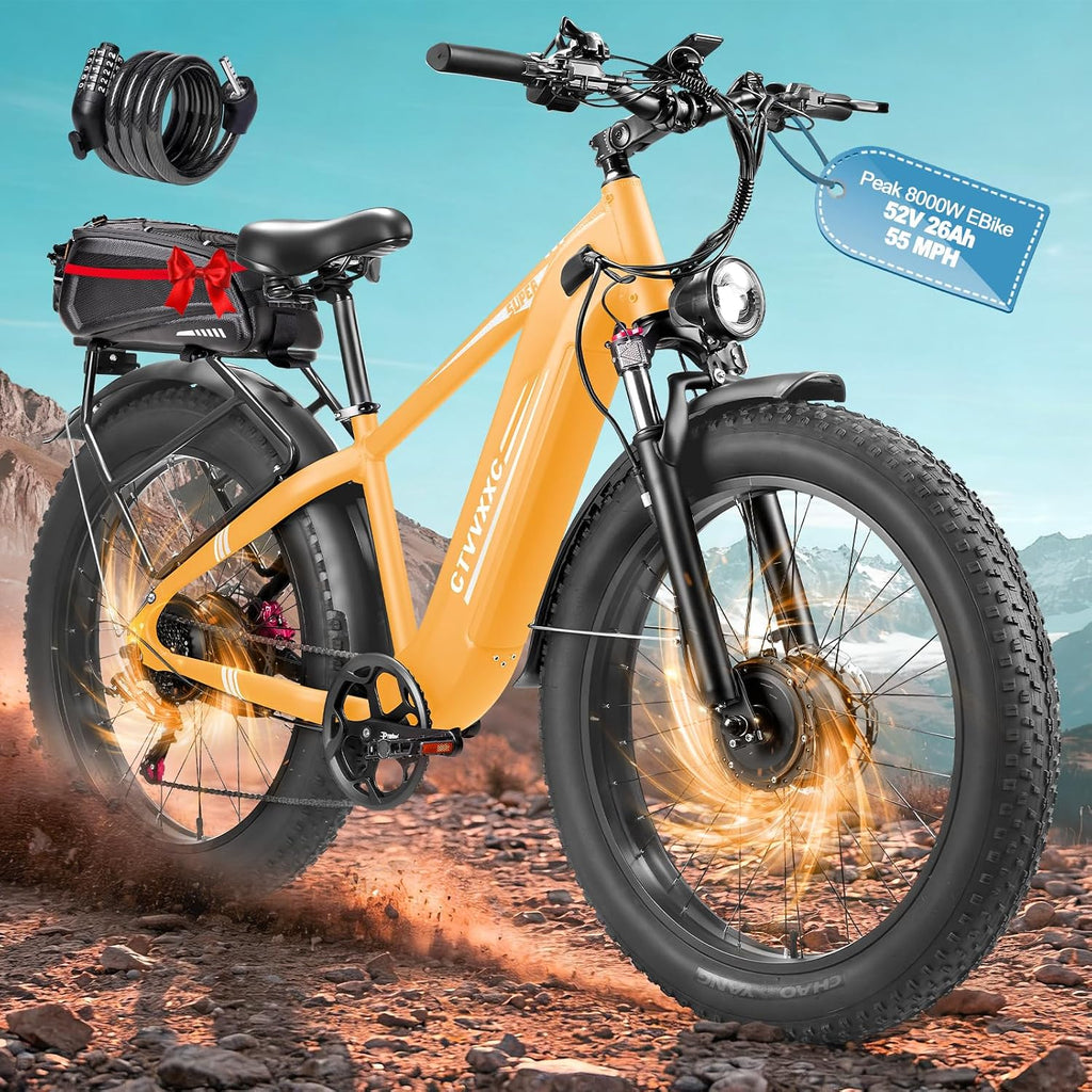 8000W Peak 45-50MPH 52V 26Ah 1352Wh Battery Dual Motor Bike for Adults, 95-105 Miles Long Range with Hydraulic Disc Brake,26'x4.0' Fat Tire Electric Mountain E Bike 7-Speed Gear Lockable Suspension