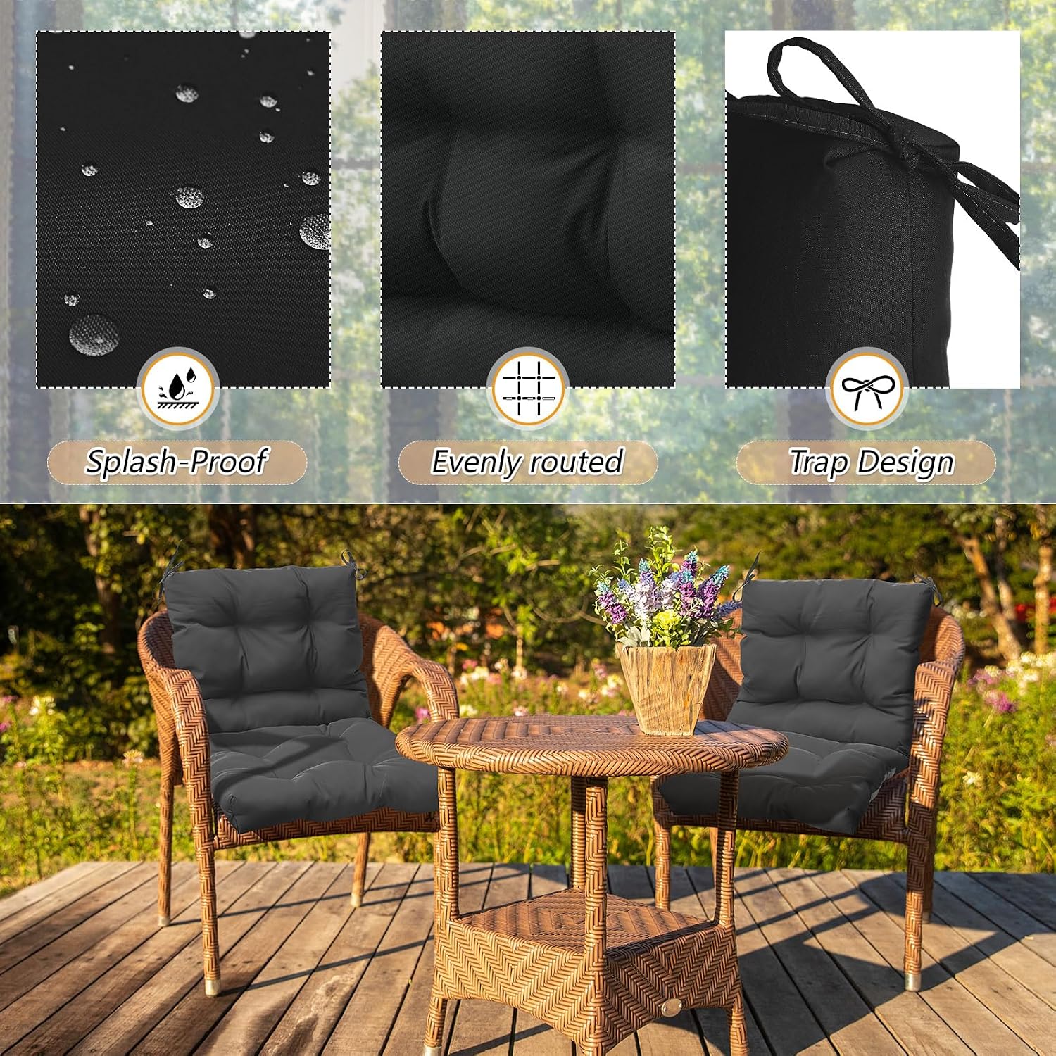 Marsui 6 Pcs Outdoor Indoor High Back Chair Cushions Patio Furniture Tufted Pillow with Ties Water-Resistant Replacement Outdoor Rocking Chair Cushions, 42 x 21 Inches (Black,Solid Color)