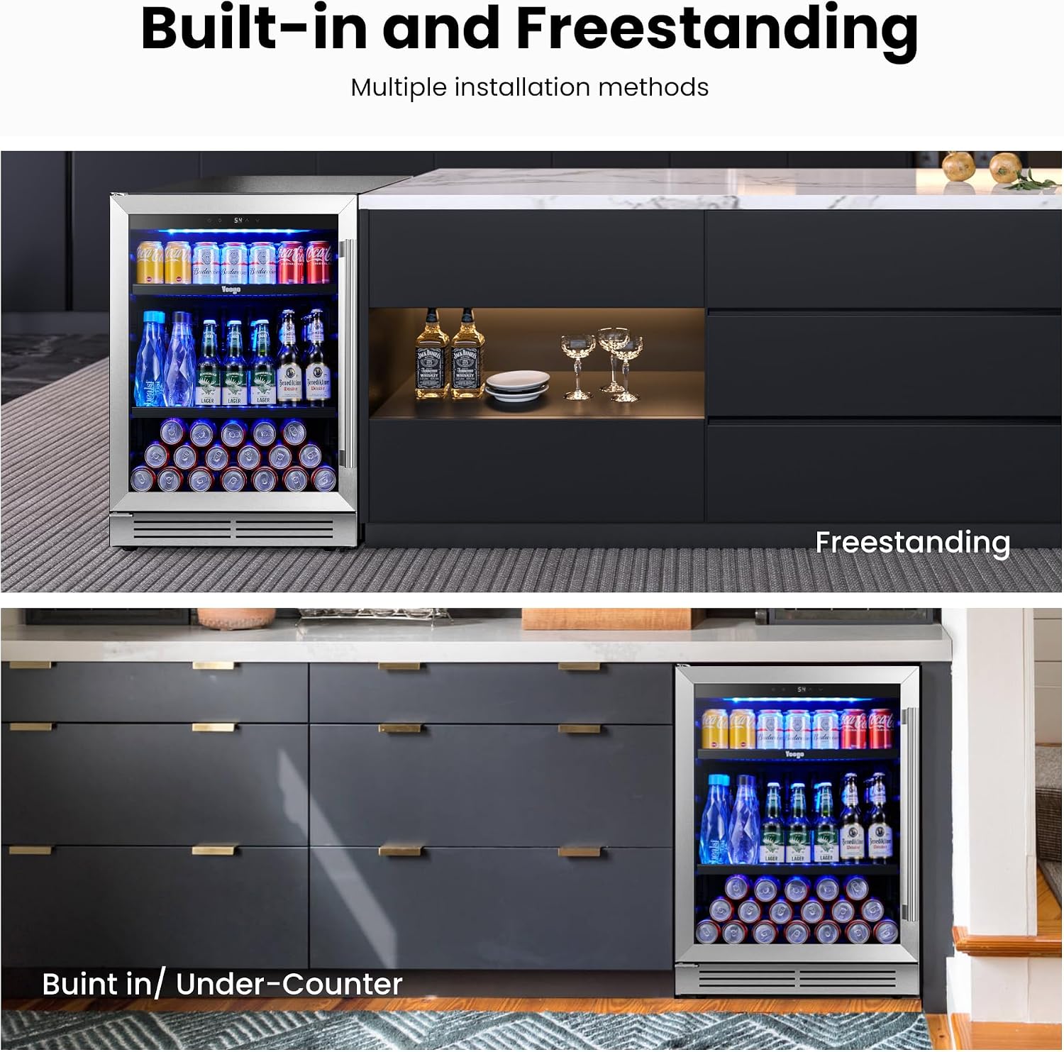 Yeego Beverage Refrigerator Cooler - 24 inch 180 Cans Mini Fridge with Glass Door, 34-54 ℉ Under Counter Refrigerator Built-in for Wine Beer Soda for Bar Bedroom Office(Left-Hinged)