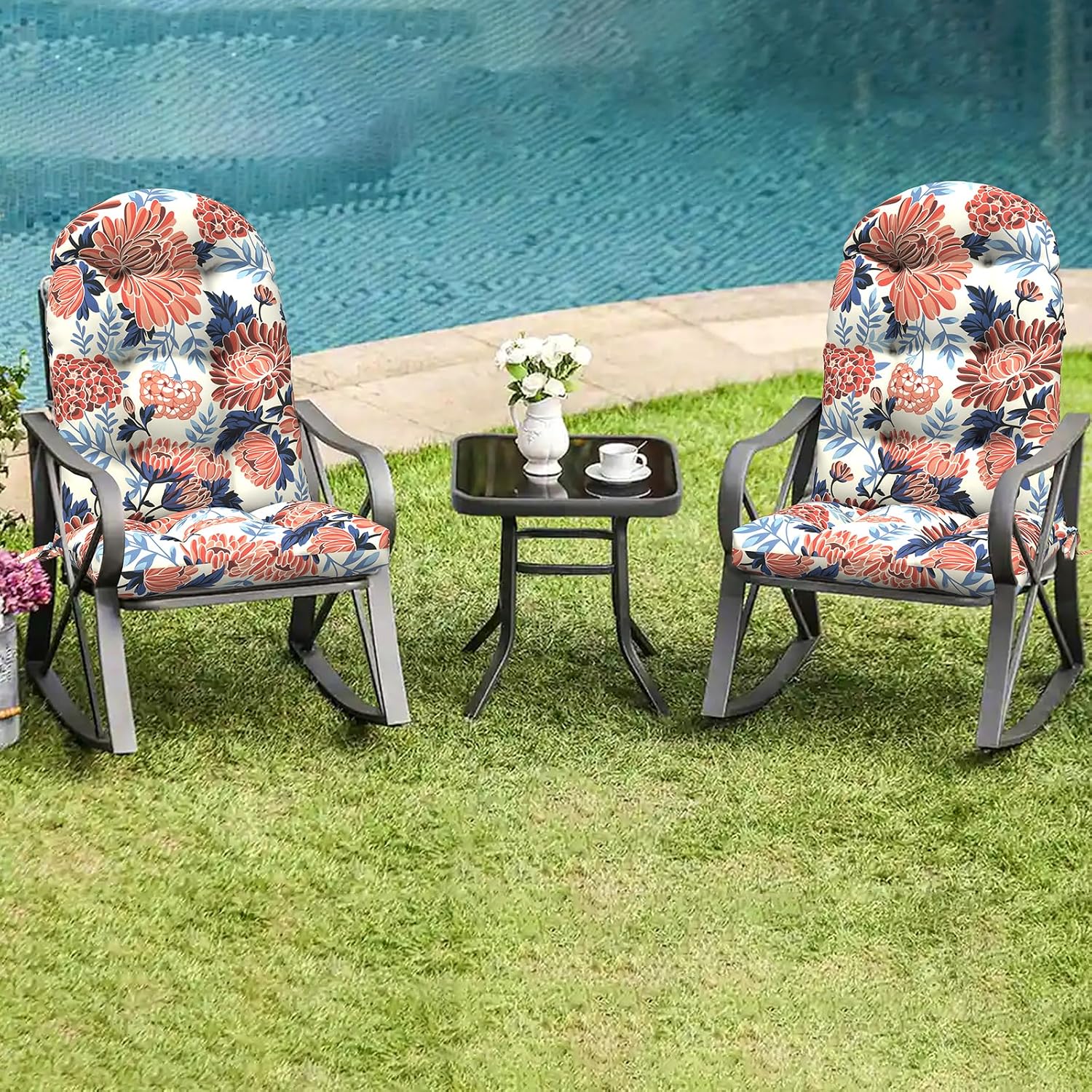 LVTXIII 2 Pack Outdoor Adirondack Chair Cushions, 44x19x4 Inch Water Repellent Patio Cushions for Rocking Chairs, Thick Tufted High Back Seat Cushion Set, Vibrant Blossom