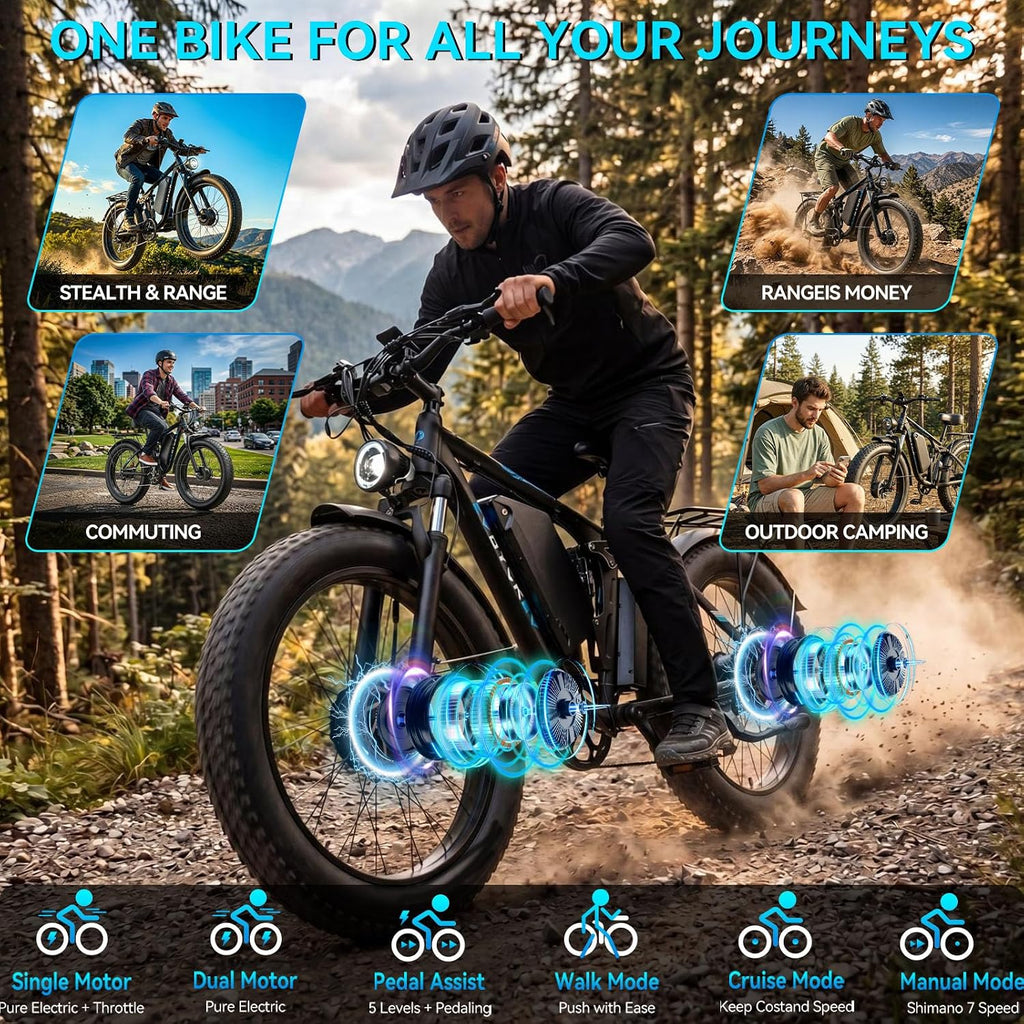 9000W Peak Dual Motor Ebike for Adults 47 MPH Fast Electric Bike, 58V Max 1972 Wh Up to 105 Miles Ebikes,24' Fat Tire E-Bike,Full Suspension Electric Bicycle for Mountain Commuter Snow