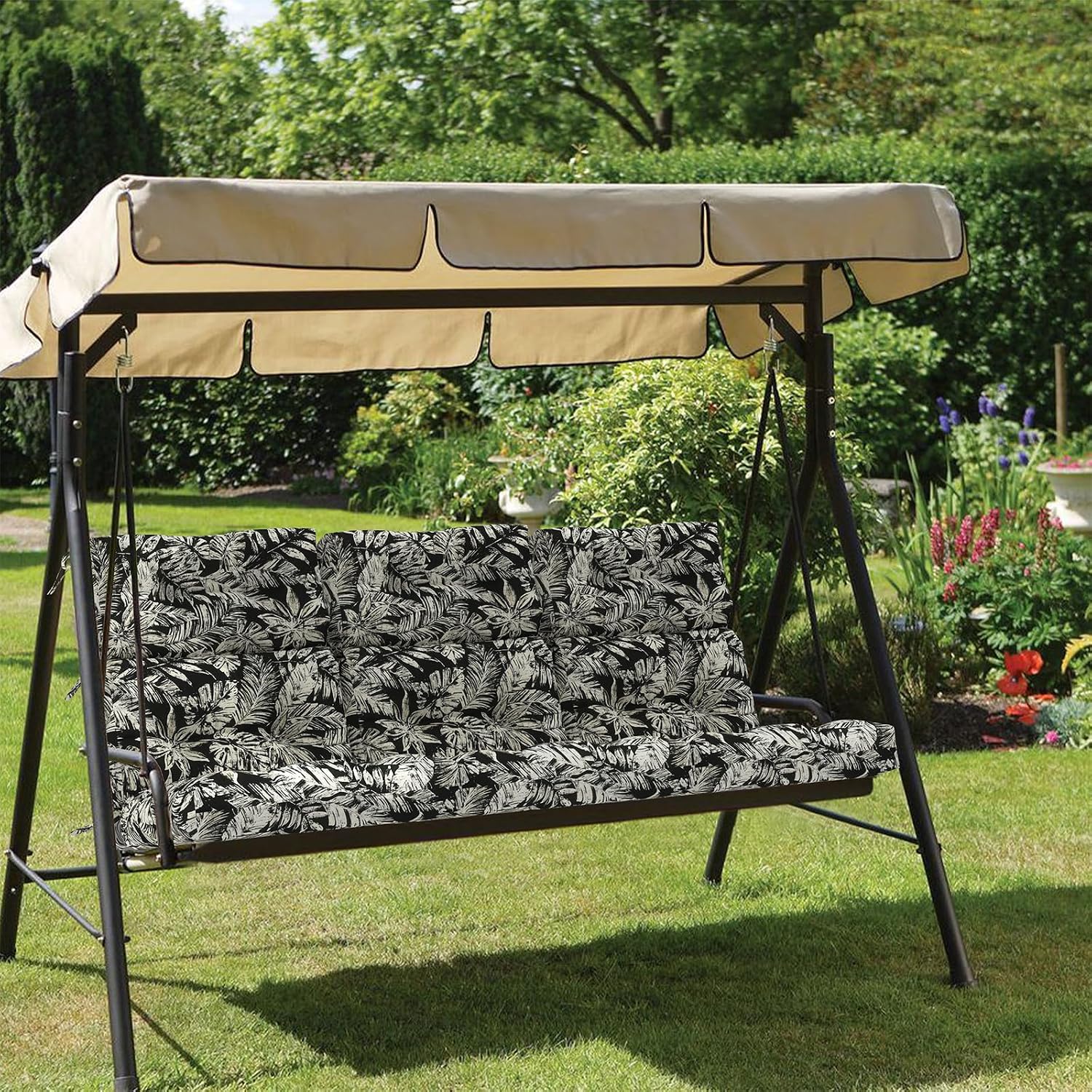 Outdoor High Back Patio Chair Cushions, Fade Resistant & Waterproof Tufted Seat and Back Cushions for Patio Furniture, Patio Chair Cushions 44x22 Inch, Set of 2, Tropical Leaf Black