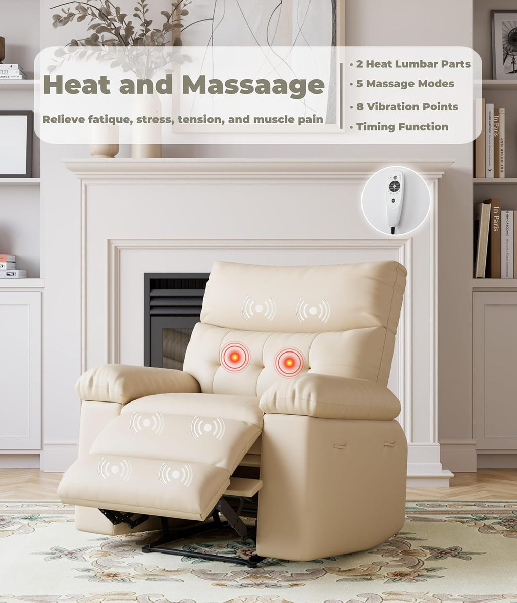 GarveeHome Oversized Leather Recliner Chair - Heat and Massage, Swivel Rocker Manual Recliner for Adults, Lazy Rocking Chair with Comfort Arms and Back Single Sofa for Living Room