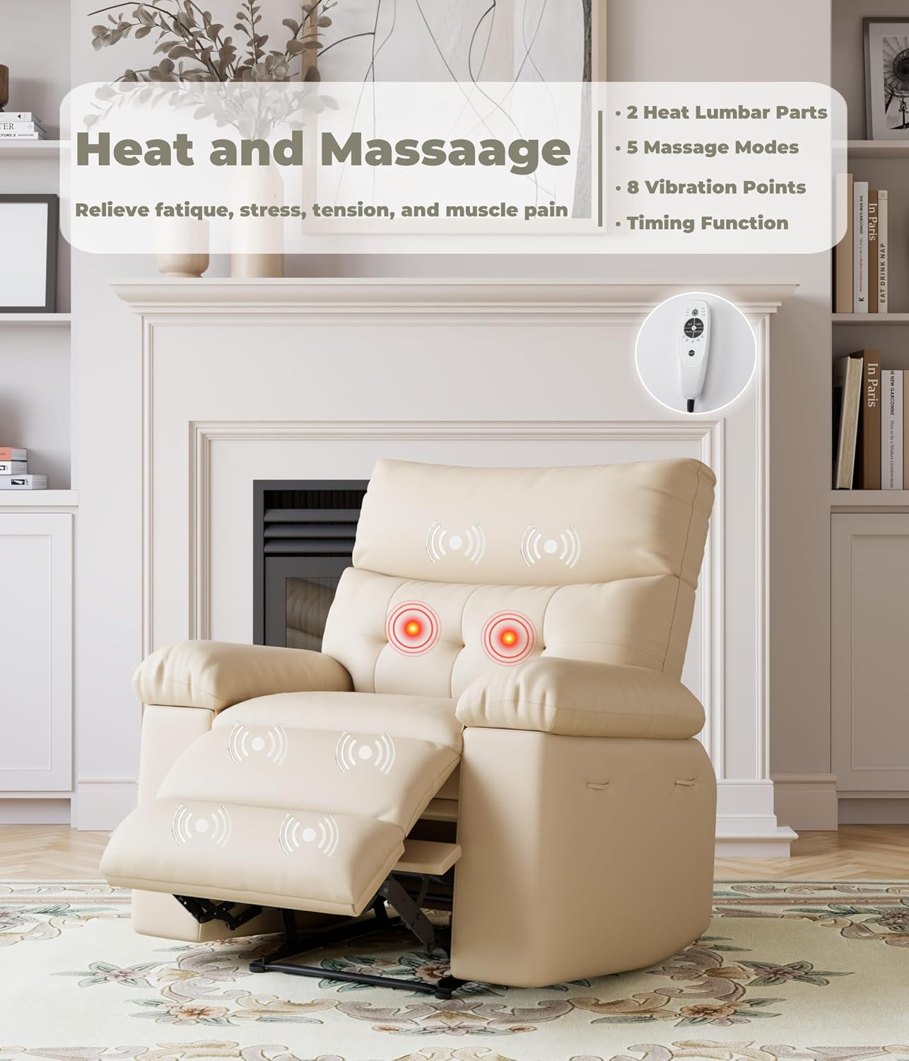 GarveeHome Oversized Leather Recliner Chair - Heat and Massage, Swivel Rocker Manual Recliner for Adults, Lazy Rocking Chair with Comfort Arms and Back Single Sofa for Living Room