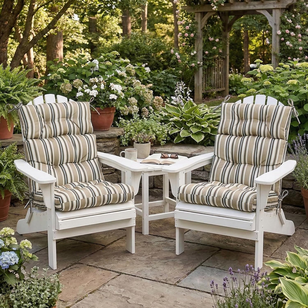 COOS BAY Outdoor Chair Cushions High Back 46x22 Inch, Tufted Patio Seat Cushions with Ties, Water-Resistant Replacement Pads, 2 Pack, Beige Stripes