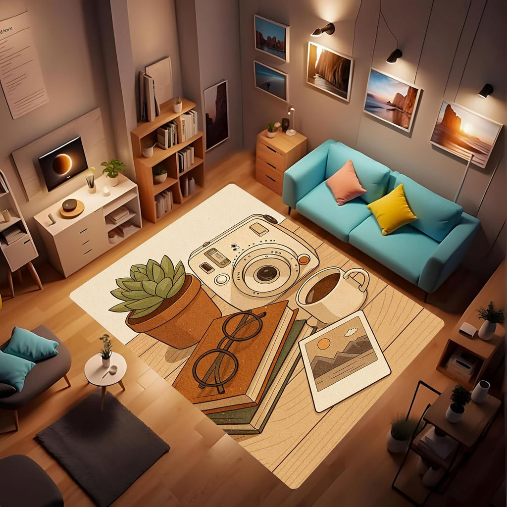 Leisure Area Rug, Non Slip Washable Polaroid Camera, Coffee Style, Simple and Cute Girl's Bedroom Rugs Room Decor Indoor Mat, Soft Flannel Mats for Bedroom Bathroom Living Room (5' x 8')