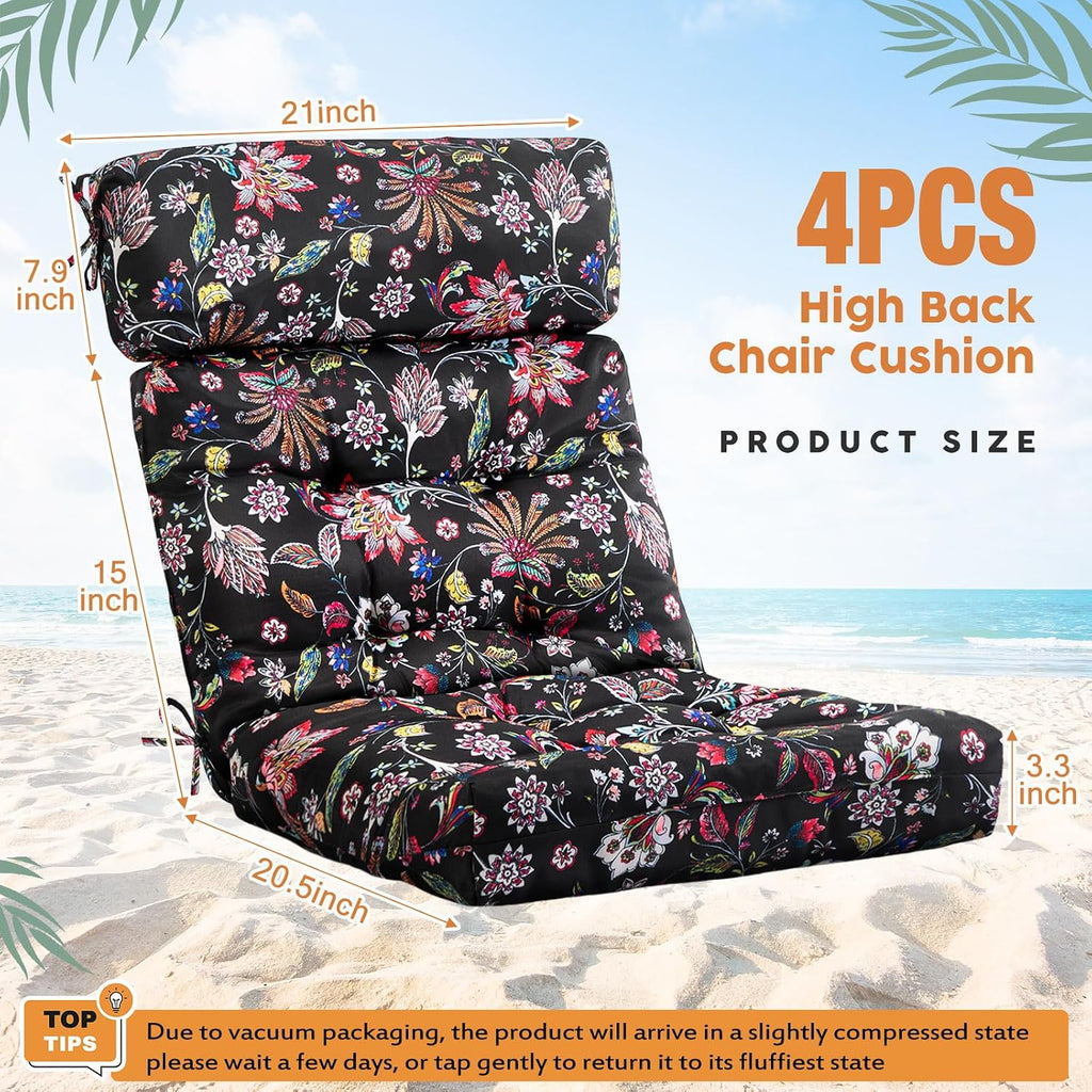 Barydat 4 Pcs Tufted High Back Chair Cushion Indoor Outdoor Seat and Back Cushions Palm Leaves Tropical Plants Lawn Rocking Chair Pads with Ties for Adirondack Patio Garden(Black Flower)