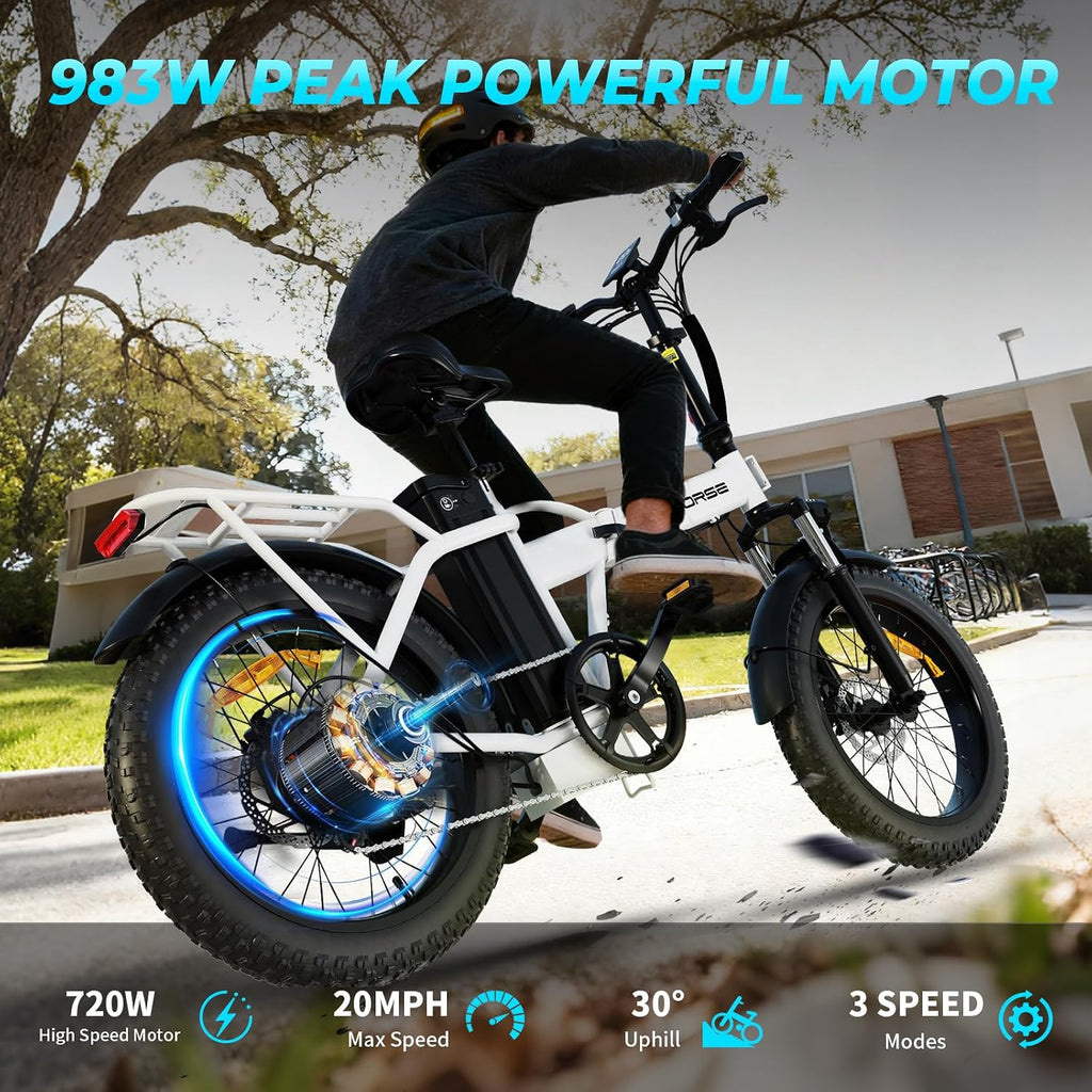 Foldable Electric Bike, Peak 983W Motor Ebike, 40-70 Miles & 20 MPH, 48V Removable Battery, 20' Fat Tire All-Terrain Electric Bicycle for Adults with 7-Speed, Suspension, Rear Rack, UL2849 Certified