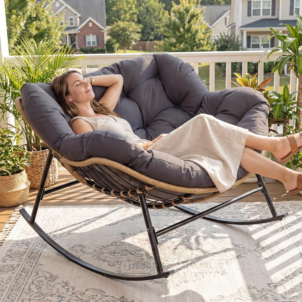 BULEXYARD Oversized Papasan Rocking Chair Outdoor with Cushion, PE Wicker Royal Rocking Egg Chair for Reading/Relaxing, 450 lbs Heavy Duty Sturdy Glider Recliner for Balcony, Porch, Livingroom Grey