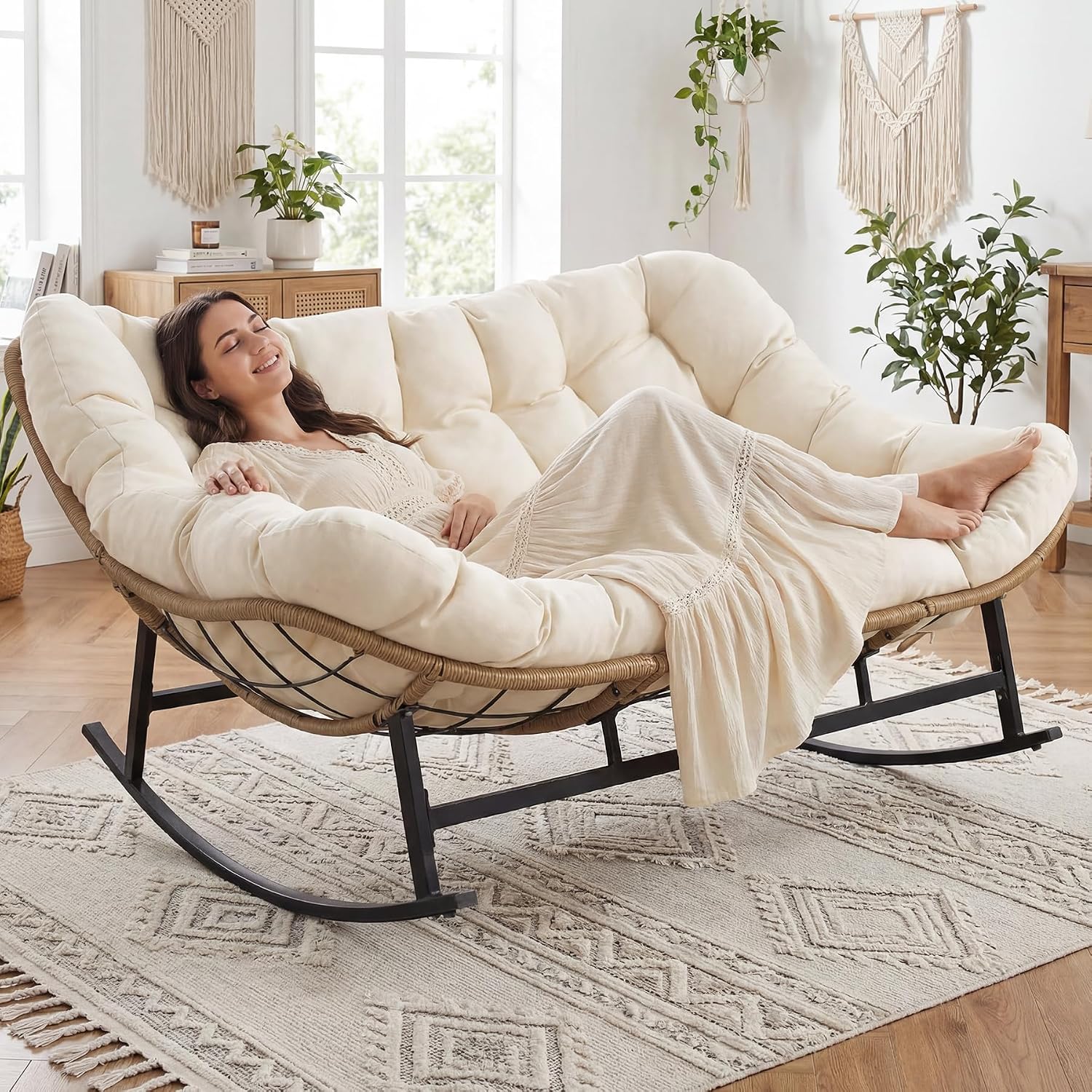 NICESOUL Oversized Double Rocking Papasan Chair with Thick Cushion, 2 Person Big Wicker Outdoor Comfy Recliner, Extra Large Heavy Duty Egg Loveseat for Patio, Balcony, Backyard, Garden, Beige
