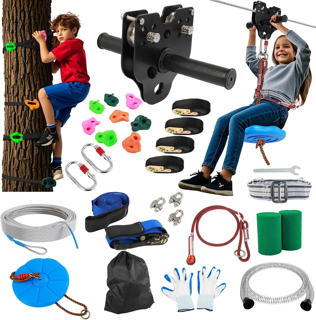 Zipline for Backyard Kids and Adults: 160FT Up to 400 lbs - Updated Removable Design Trolley,Thickened Seat,Safety Harness,Quick Tighten Zipline Kits for Outdoor