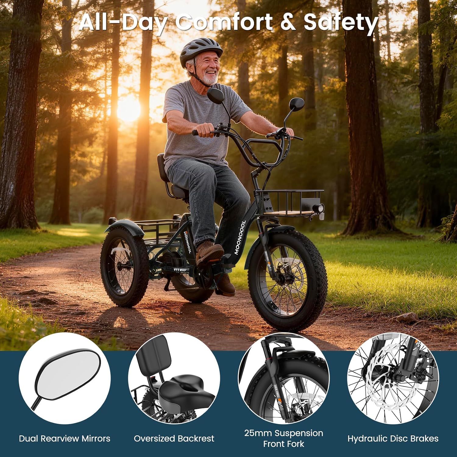 MOONCOOL 500W 4' Fat Tire Electric Tricycle for Adults, 48V 14.5Ah All-Terrain Aluminum 20' E-Trike, Front Suspension, 7-Speed, 400lbs Max Payload