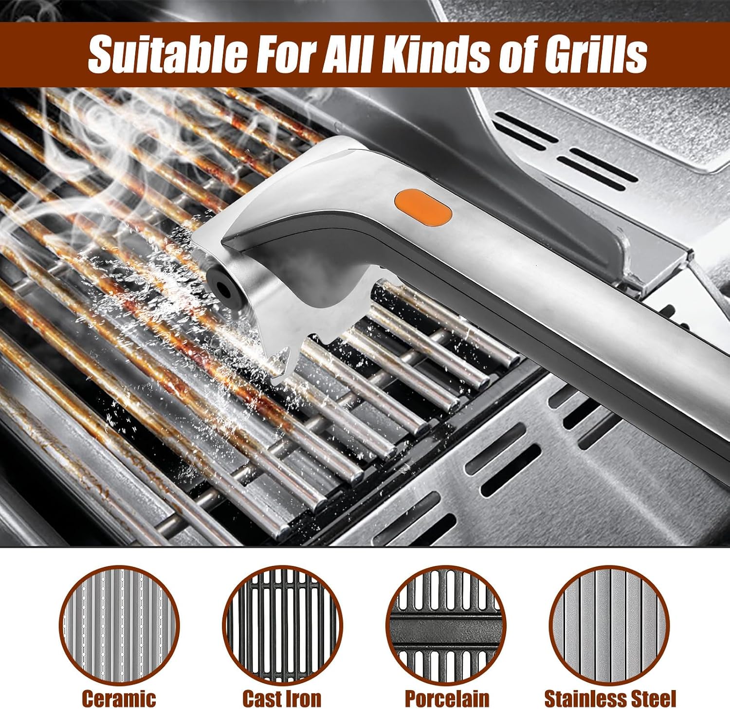 Electric Steam Grill Brush with Motorized Steel Bristles Stainless Steel Handle for BBQ Cleaning