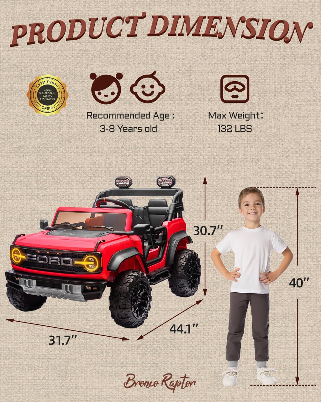 First Ride On Ford Bronco 24V Ride on Toys for Boys & Girls, 2 Seater Kids Electric Car with Remote Control, Kids Ride on Truck with Rear Wheels Suspension, Led Lights, Safety Belt (24V, Red)