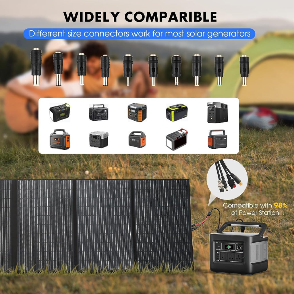 600W Portable Solar Panel, 48V Foldable Solar Panel 25% High Efficiency IP68 Waterproof with 10ft 4-in-1 Cable and 10×DC Adapter, Adjustable Kickstand for Power Station Camping RV