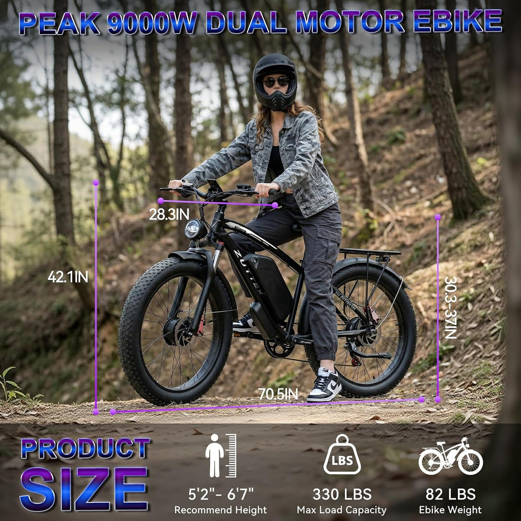Dual Motor Ebike Peak 9000W 58V Max-Output Electric Bike for Adults 24 Inch Fat Tire 36AH Battery 47MPH 105 Miles Range Hydraulic Brakes Bike for Commuting Travel