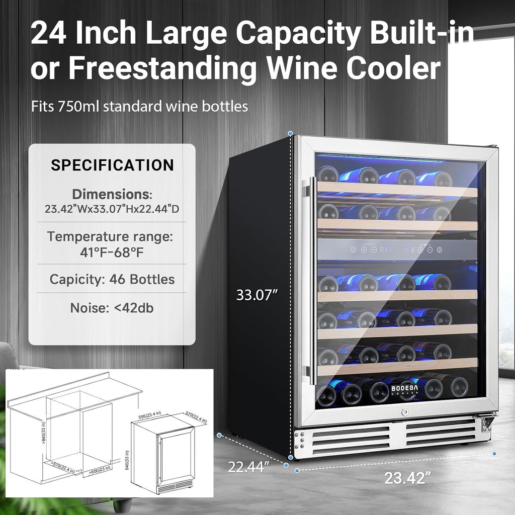 BODEGA 24 Inch Wine Cooler-46 Bottles Dual Zone Wine Fridge,41-68°F Wine Refrigerators Free standing, Built-in Compressor Mini Fridge with Adjustable Shelves for Home,kitchen, Office, Bar.