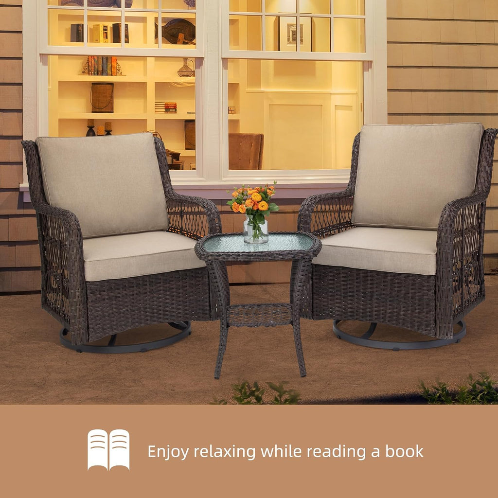 GarveeLife 3 Pieces Outdoor Swivel Chair Set, Wicker Swivel Rocker Patio Chairs, Thick Cushion and Side Table for Balcony, Porch, Backyard, Garden, Beige