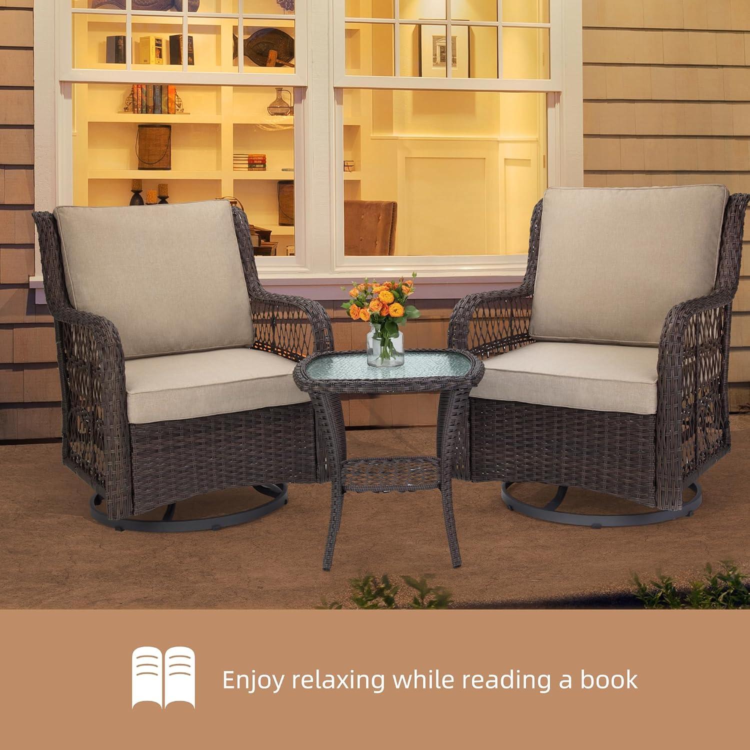 GarveeLife 3 Pieces Outdoor Swivel Chair Set, Wicker Swivel Rocker Patio Chairs, Thick Cushion and Side Table for Balcony, Porch, Backyard, Garden, Beige