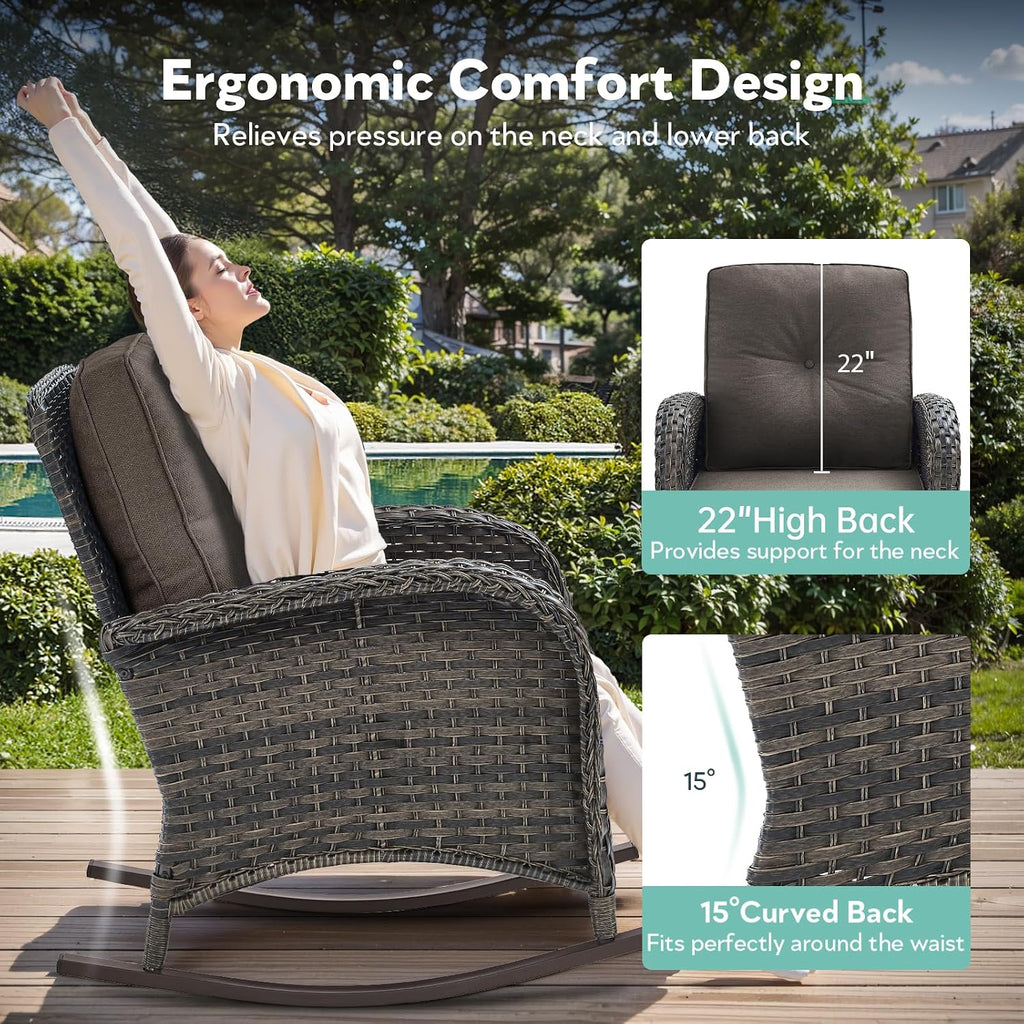 Patio Rocking Chair: Outdoor Wicker Rocker Porch Rocking Chair with Removable Cushion, 300 Lb Weight Capacity Rattan Rocking Seating for Balcony Garden Brown/Grey