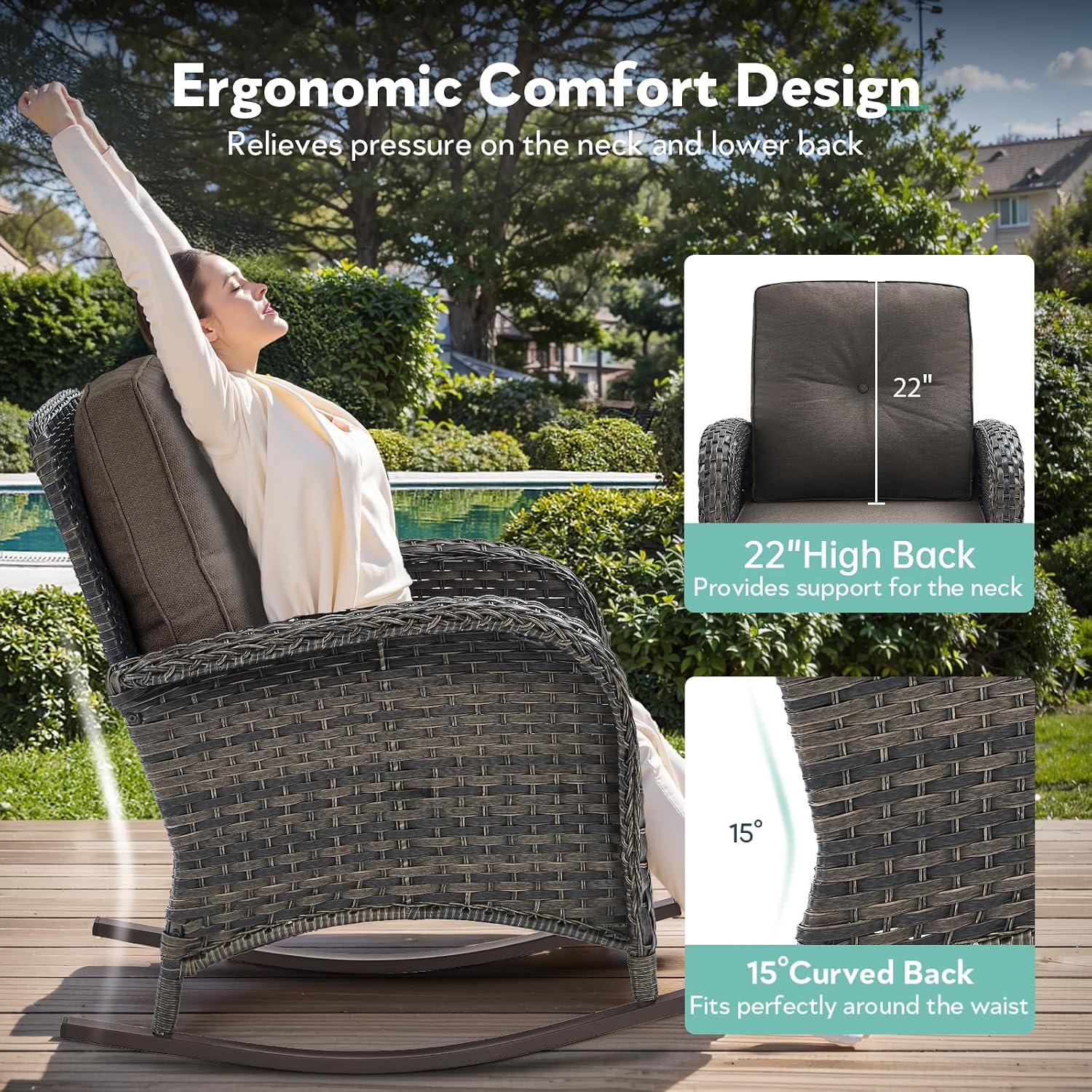 Patio Rocking Chair: Outdoor Wicker Rocker Porch Rocking Chair with Removable Cushion, 300 Lb Weight Capacity Rattan Rocking Seating for Balcony Garden Brown/Grey