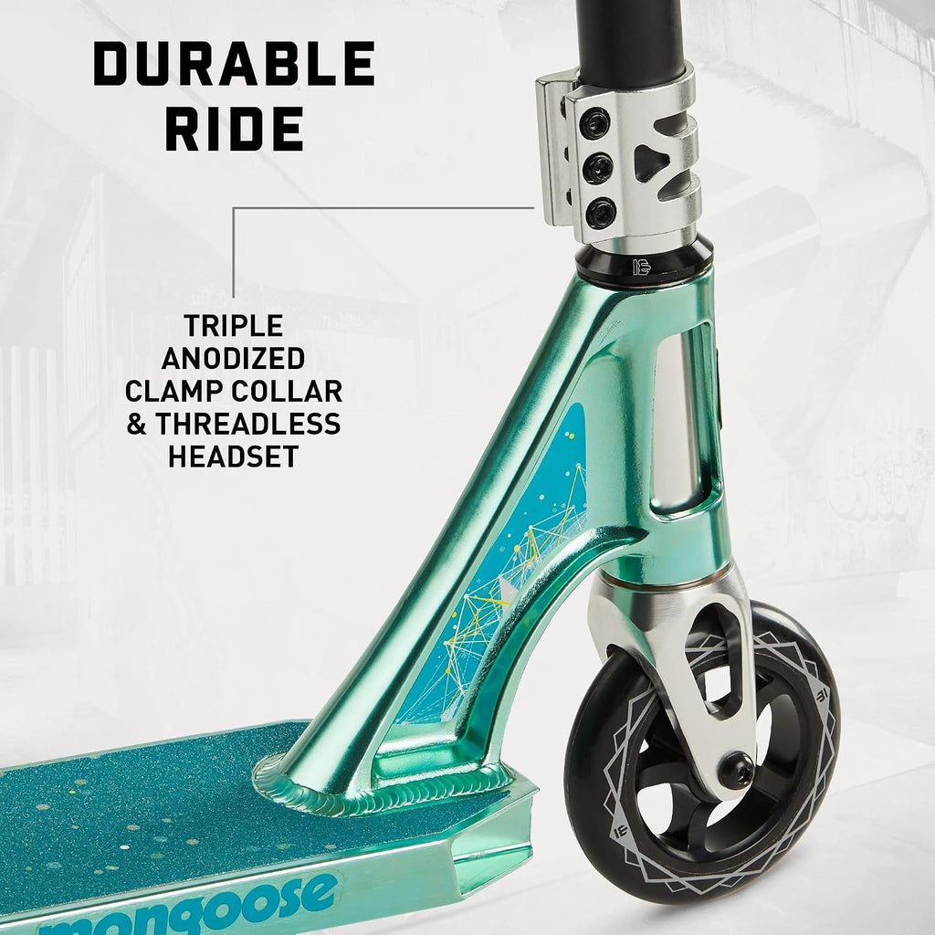 Mongoose Rise Freestyle Stunt Trick Scooter, For Kids Youth Adult Men Women Ages 8 Up, Lightweight Alloy Deck & Heavy-Duty Frame Up to 220 lbs., Bike-Style Grip, T-Bar Handlebar and High Impact Wheels
