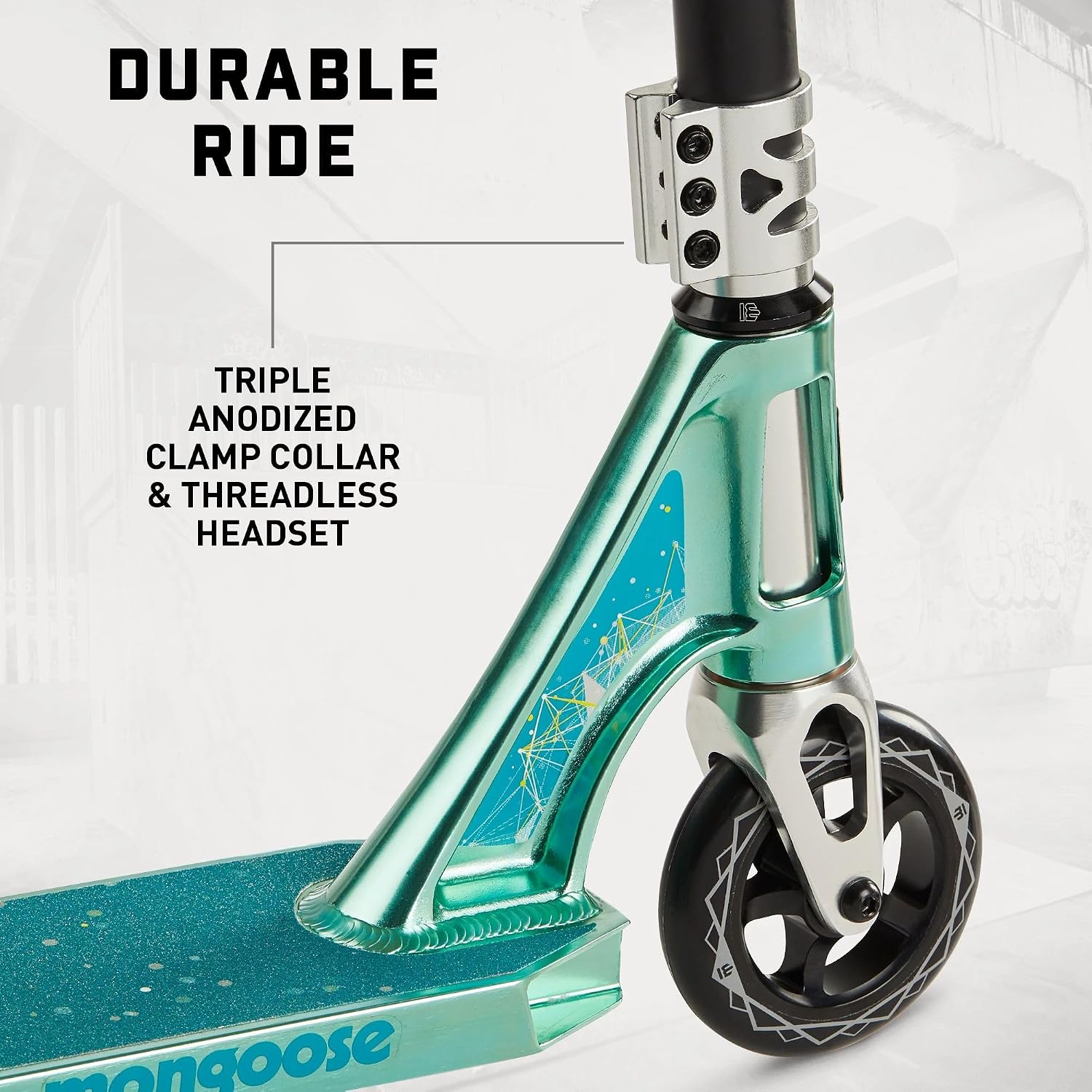 Mongoose Rise Freestyle Stunt Trick Scooter, For Kids Youth Adult Men Women Ages 8 Up, Lightweight Alloy Deck & Heavy-Duty Frame Up to 220 lbs., Bike-Style Grip, T-Bar Handlebar and High Impact Wheels