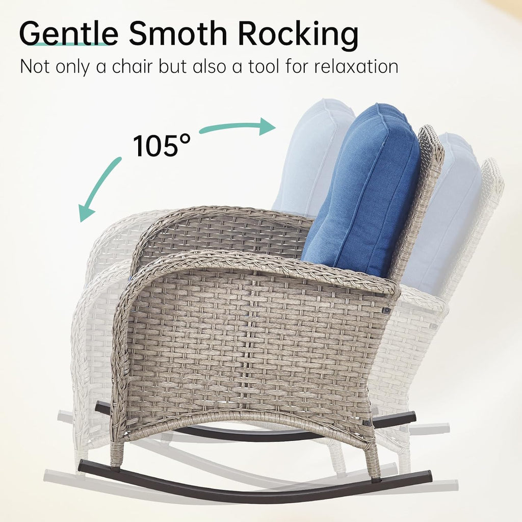 Patio Rocking Chair: Outdoor Wicker Rocker Porch Rocking Chair with Removable Cushion, 300 Lb Weight Capacity Rattan Rocking Seating for Balcony Garden Light Grey/Blue