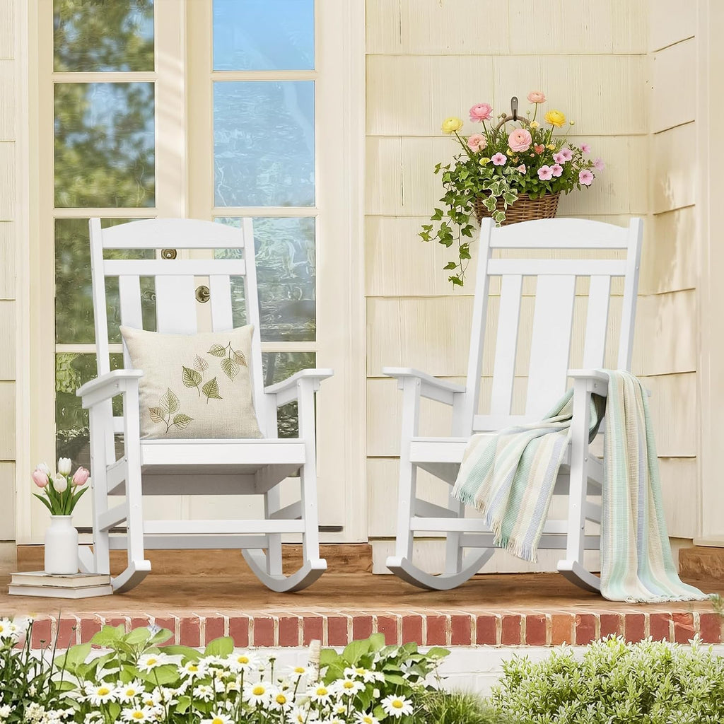 LUE BONA Outdoor Rocking Chairs Set of 2, Weather Resistant HDPS Poly Rocker Chairs, 350lb Heavy Duty, Oversized Porch Rocker for Adult, High Back Smooth Rocking Chair for Outdoor & Indoor, White