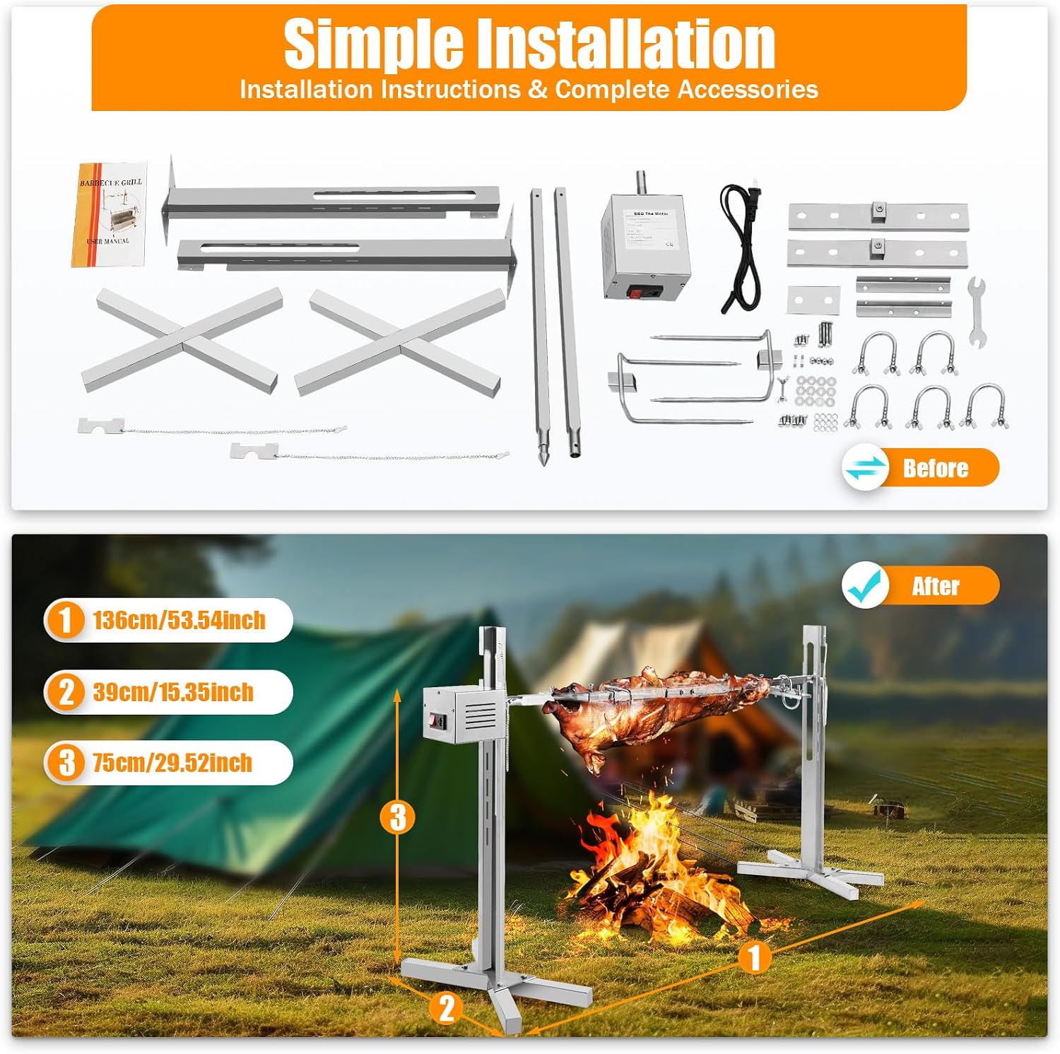 53'' Bbq Grill Stainless Steel Rotating Spit Roaster, Large Stand Charcoal Bbq Party Kit 5 Gear Height Adjustable, Outdoor Picnic Cooker With Motor For Grilling Meat/Fish/Chicken, Camping Bbq Rack
