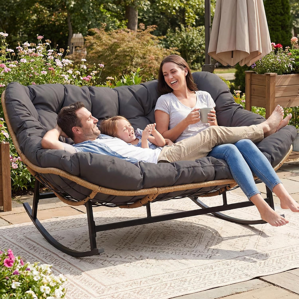 NICESOUL Double Papasan Rocking Chair Outdoor Indoor, XL Large Patio Padded Glider Lounge Chairs for 2, Comfortable Egg Rocker Loveseat with Cushion, Wide Big Recliner for Outside Balcony, Grey