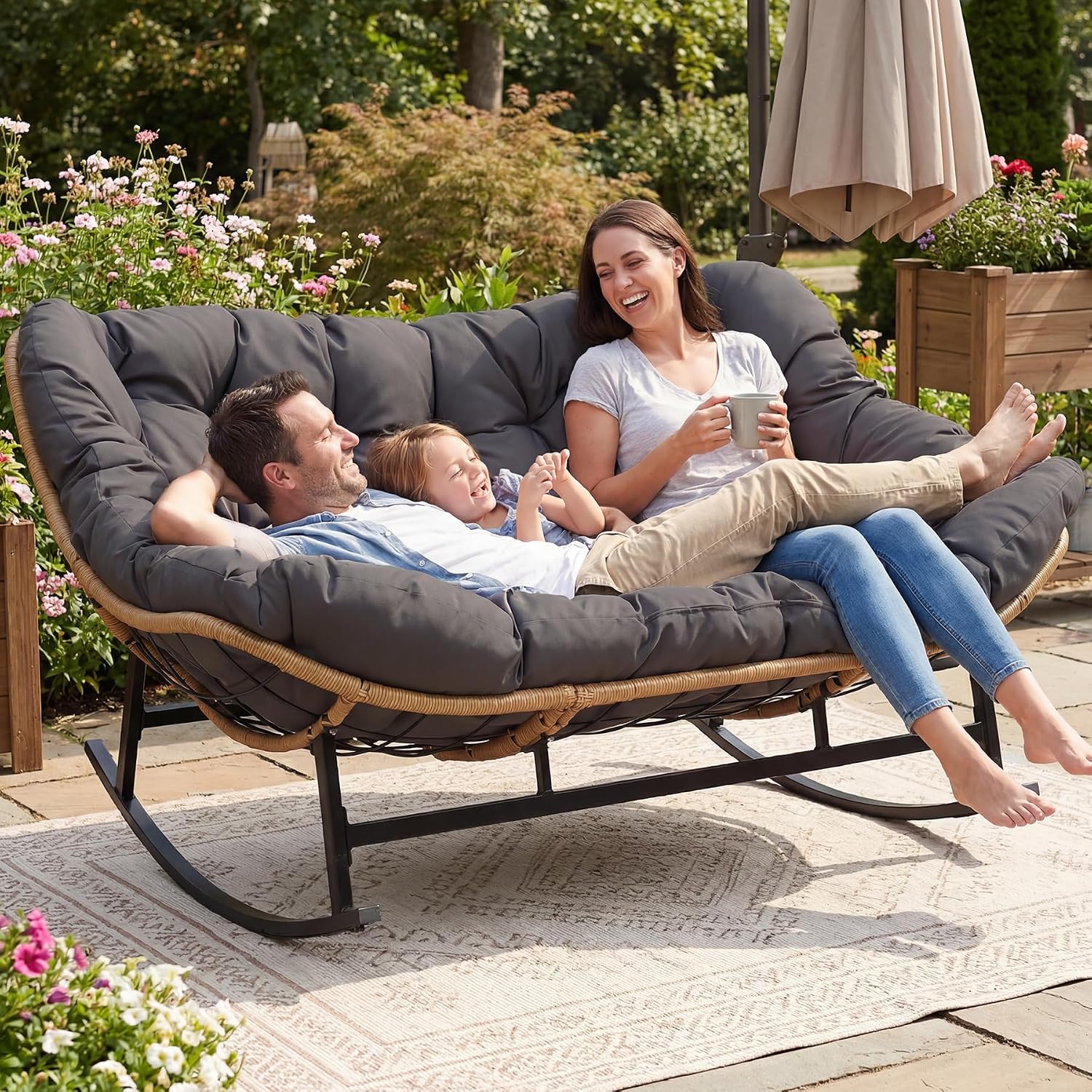 NICESOUL Double Papasan Rocking Chair Outdoor Indoor, XL Large Patio Padded Glider Lounge Chairs for 2, Comfortable Egg Rocker Loveseat with Cushion, Wide Big Recliner for Outside Balcony, Grey