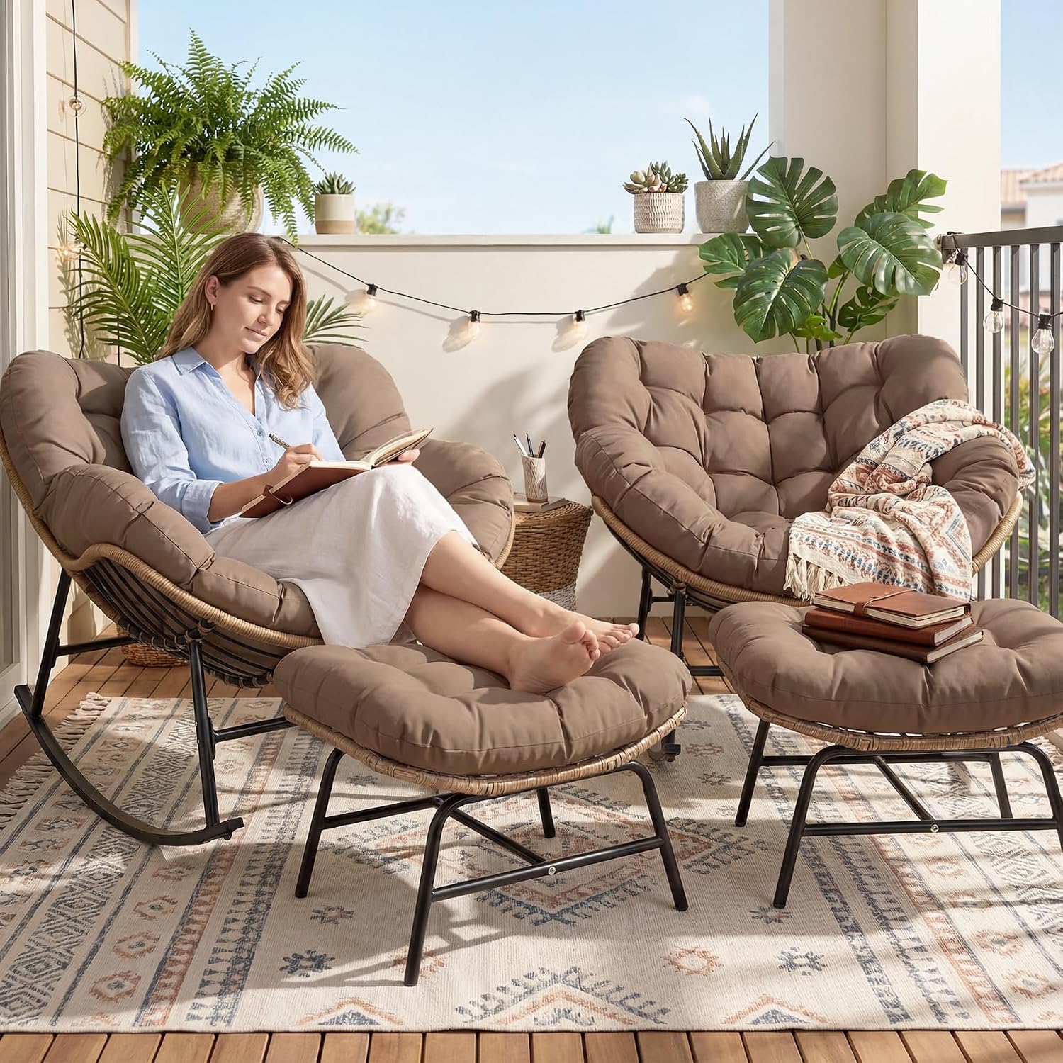 NICESOUL Patio Egg Rocking Chair Set of 2 with Cushions, Indoor Outdoor Oversized Papasan Rockers with Ottoman, 450Lbs Heavy Duty Double Recliner Glider Loung Chairs for Porch Balcony, Brown