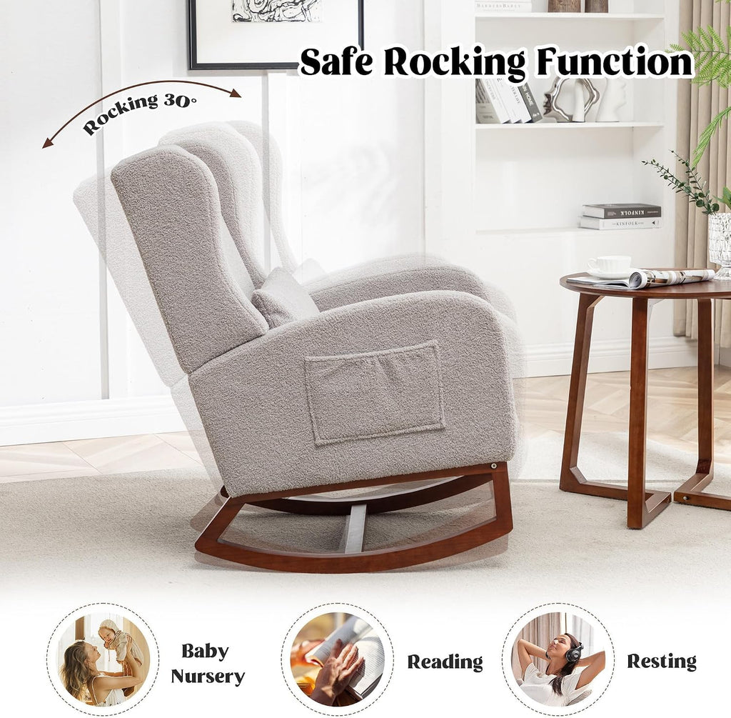 HCHAIRH Rocking Chair Nursery with Foot Rest, Wingback Nursery Rocking Chairs, Grey Teddy Nursing Glider Rocker Chair with Pillow and High Back for Nursery, Living Room, Bedroom