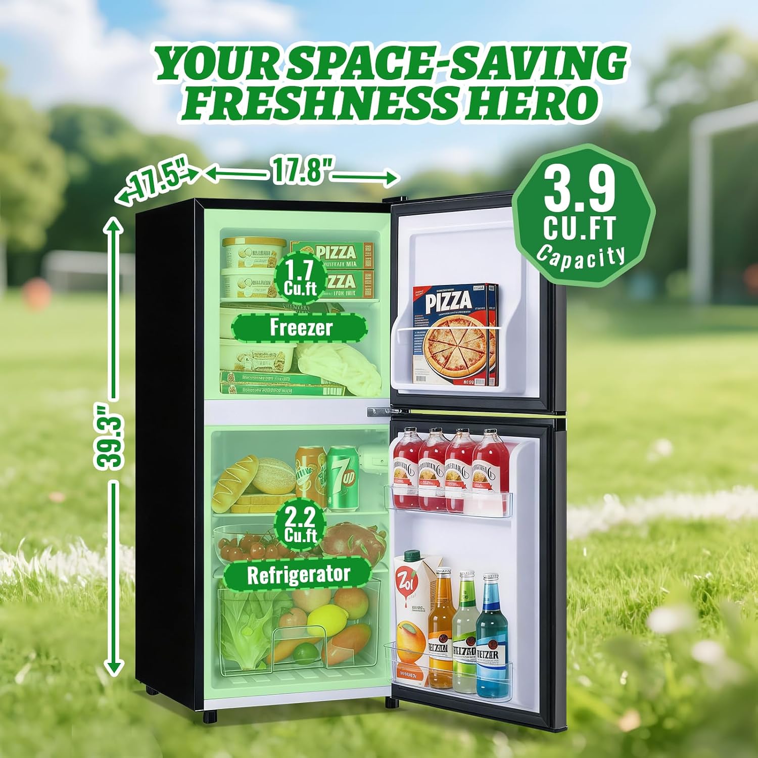 DEMULELR 3.9Cu.ft Refrigerator with Freezer Black Two Door Mini Fridge with Crisper Drawer & Extra Drink Space, LED Light, Full-Size Fridge for Dorm Office 17.5'D x 17'W x 40'H，Silver