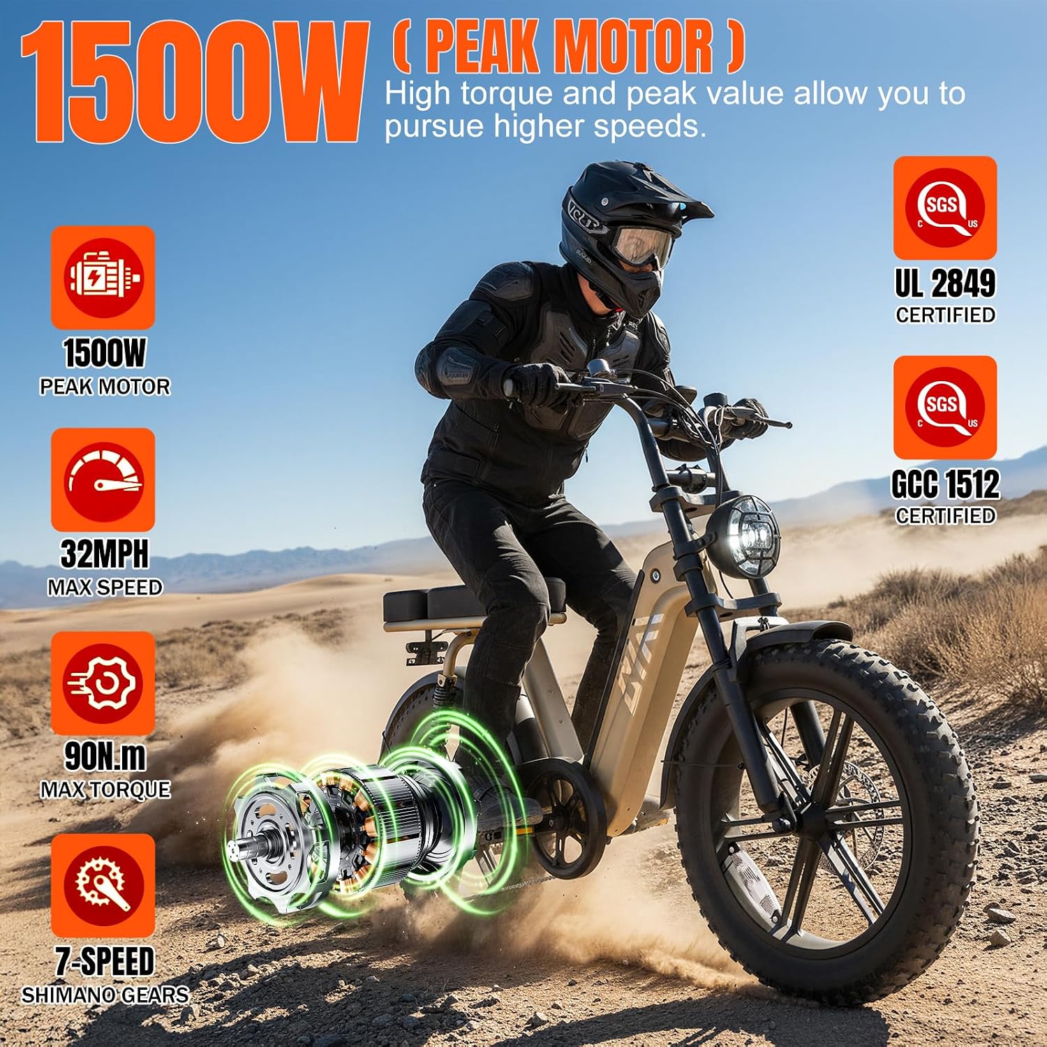 TST Electric Bike for Adults 1500W Peak 20' Fat Tire All-Terrain E-Bike 60 Miles Electric Dirt Bike for Road Sand Mountain Snow - 48V 15AH Battery Powered Electric Motorcycle for Adventure