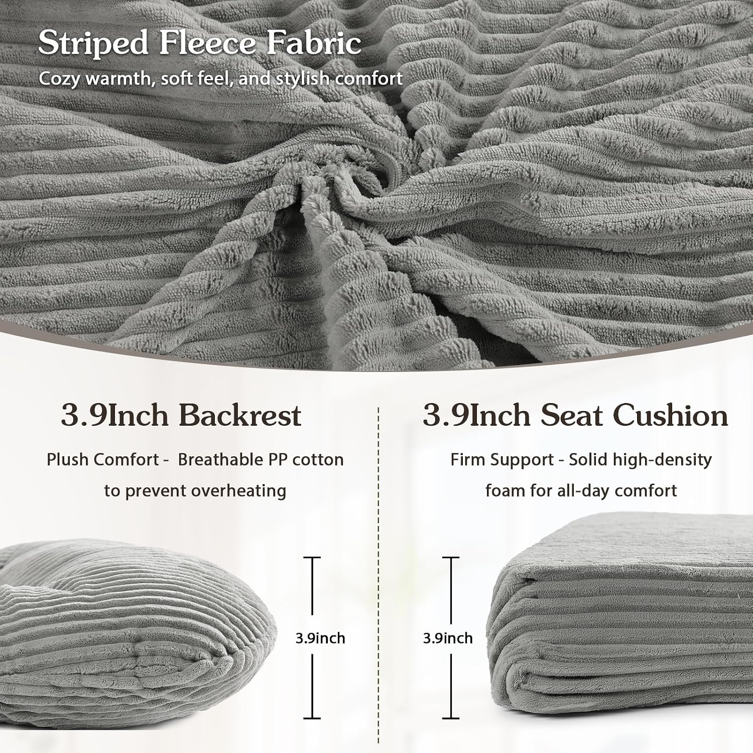 ANMINY 5pcs Glider Rocker Replacement Cushions Set - Thickened Fleece Glider Rocking Chair Cushions with 29.5 inch High Backrest & Side Pockets for Indoor Nursery, Washable & Non Slip, Gray