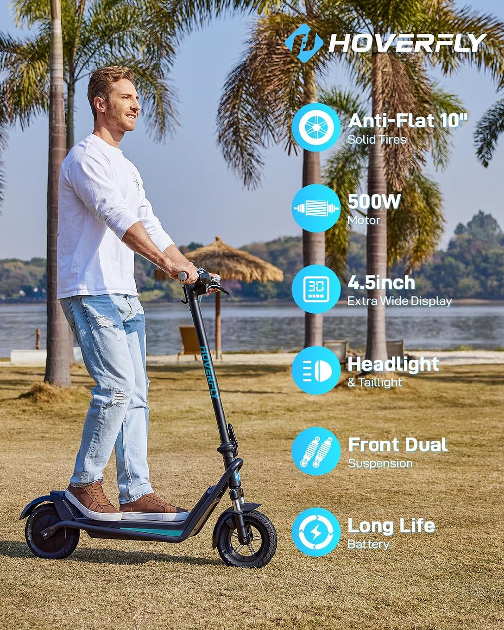 HOVERFLY X1/X3/X5 Electric Scooter for Adults, Anti Flat 8.5'/10'' Solid Tire, Max 10/18/25 Miles Range and 15.5/20Mph Speed Power by 250W/500W Motor, Foldable Commuting E Scooter with EABS&Disc Brake